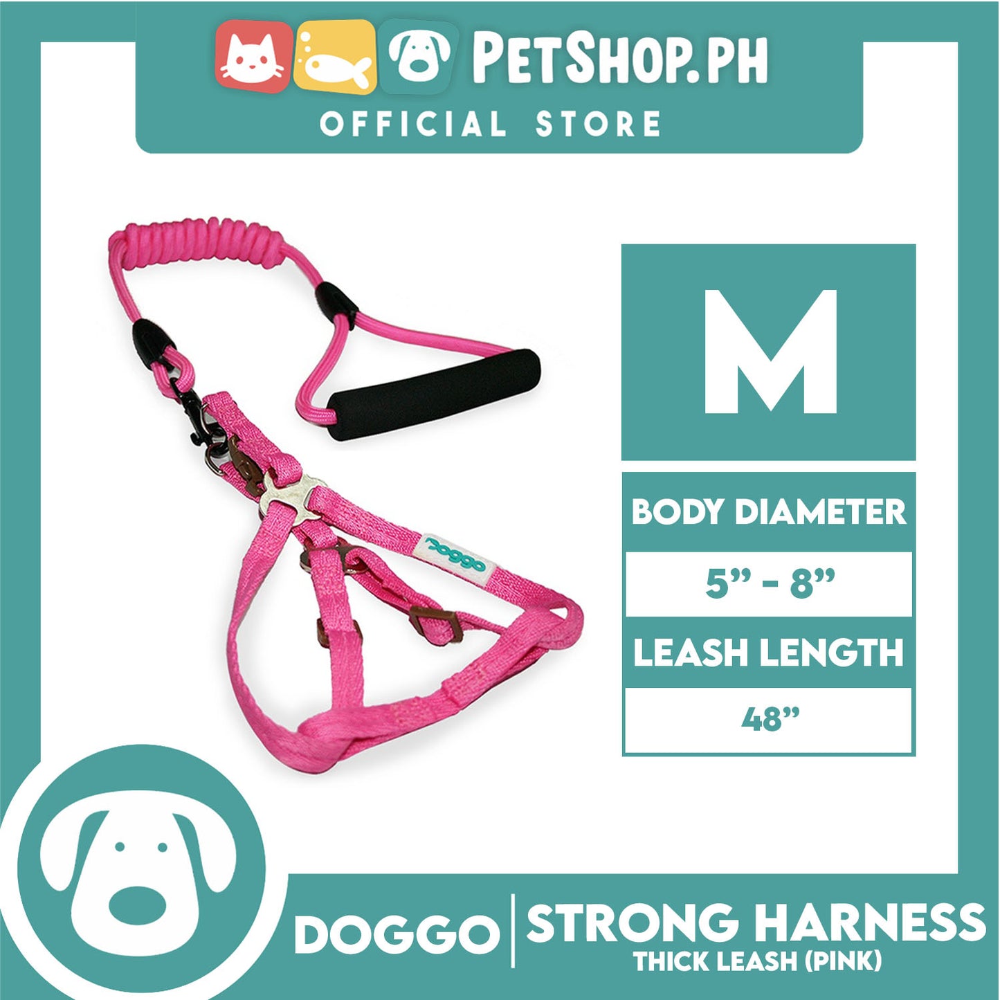 Doggo Strong Harness Thick Leash Soft Handle Steel Connector Medium (Pink) Safe Harness for Your Dog