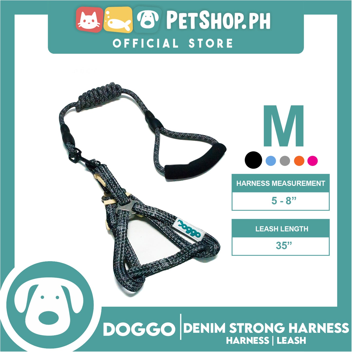 Doggo Atlanta Strong Harness and Leash Set Medium Size (Black)