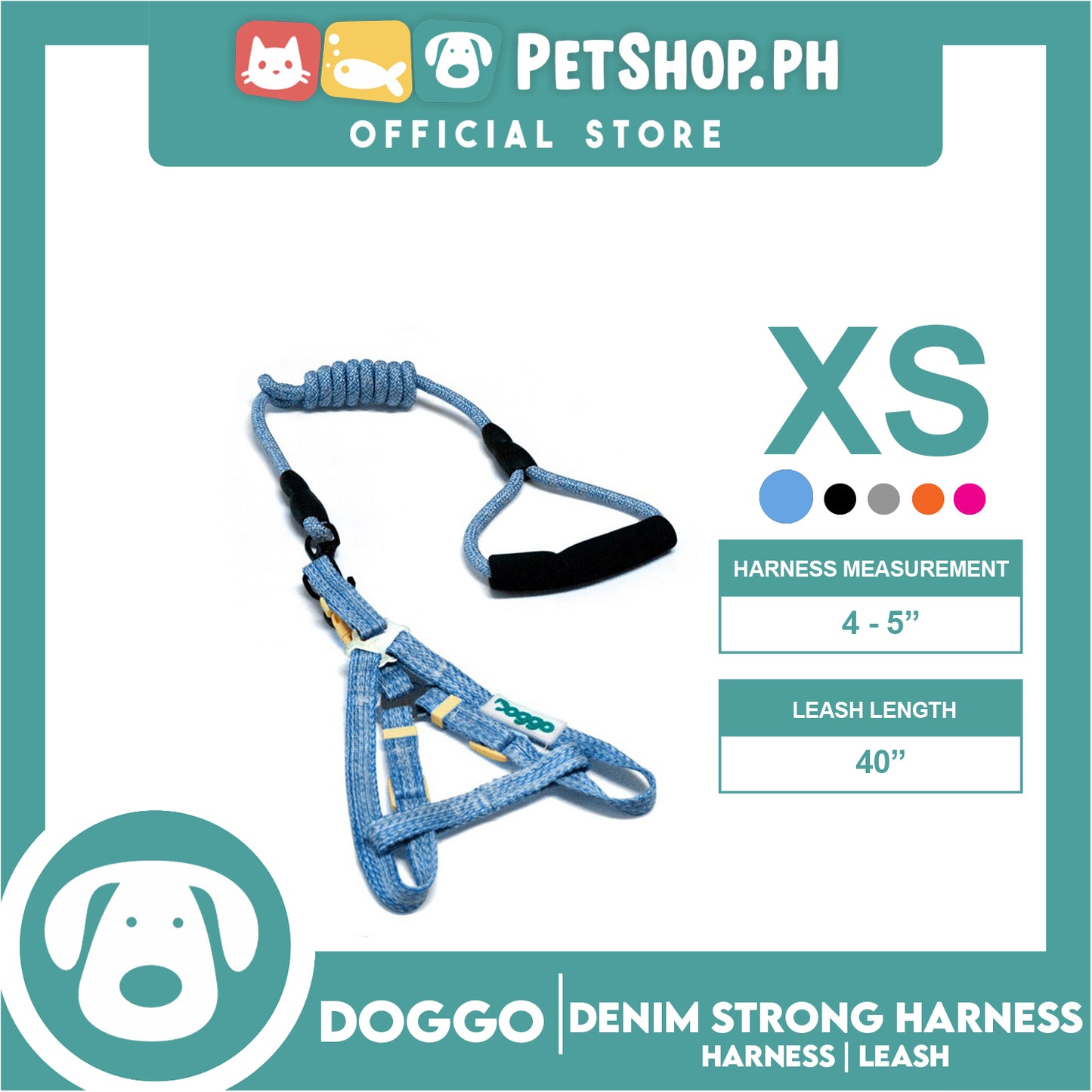 Doggo Atlanta Strong Harness and Leash Set Extra Small Size (Blue)