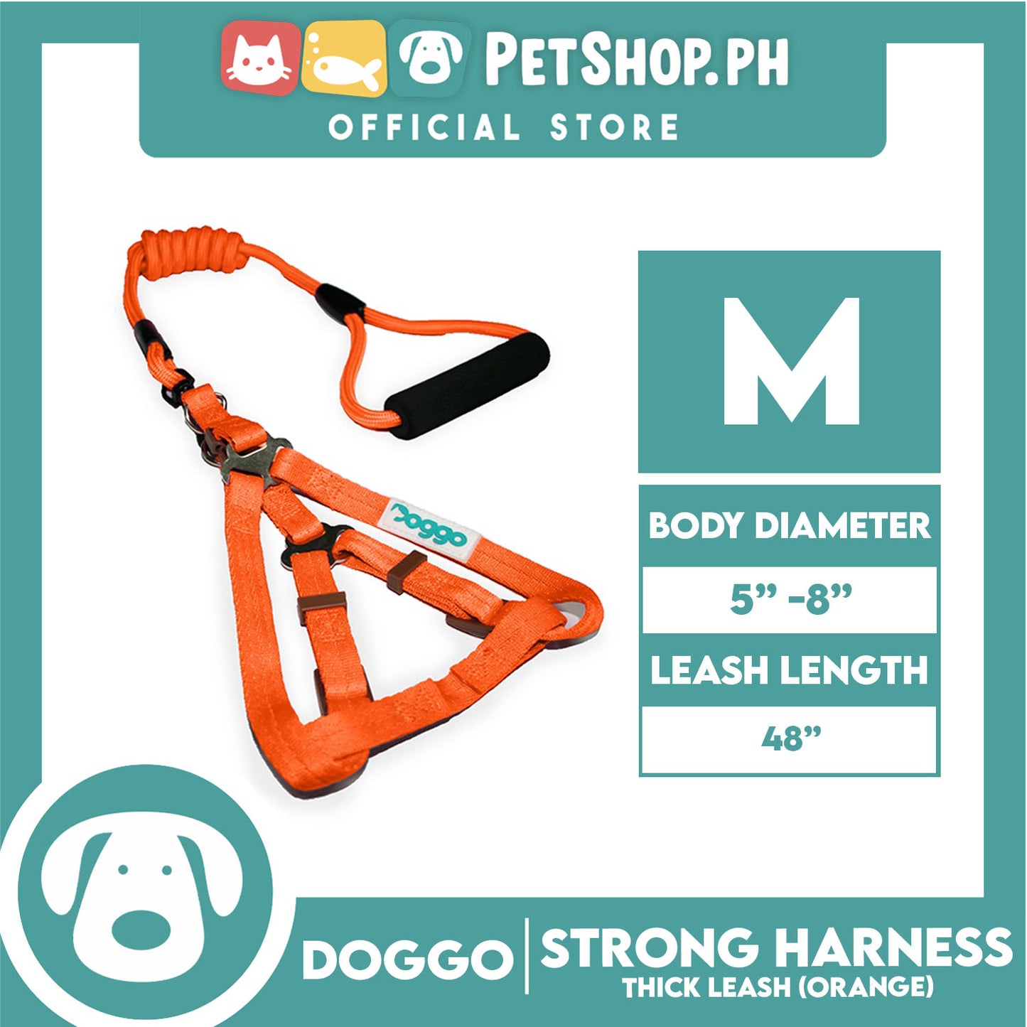 Doggo Strong Harness Thick Leash Soft Handle Steel Connector Medium (Orange) Safe Harness for Your Dog