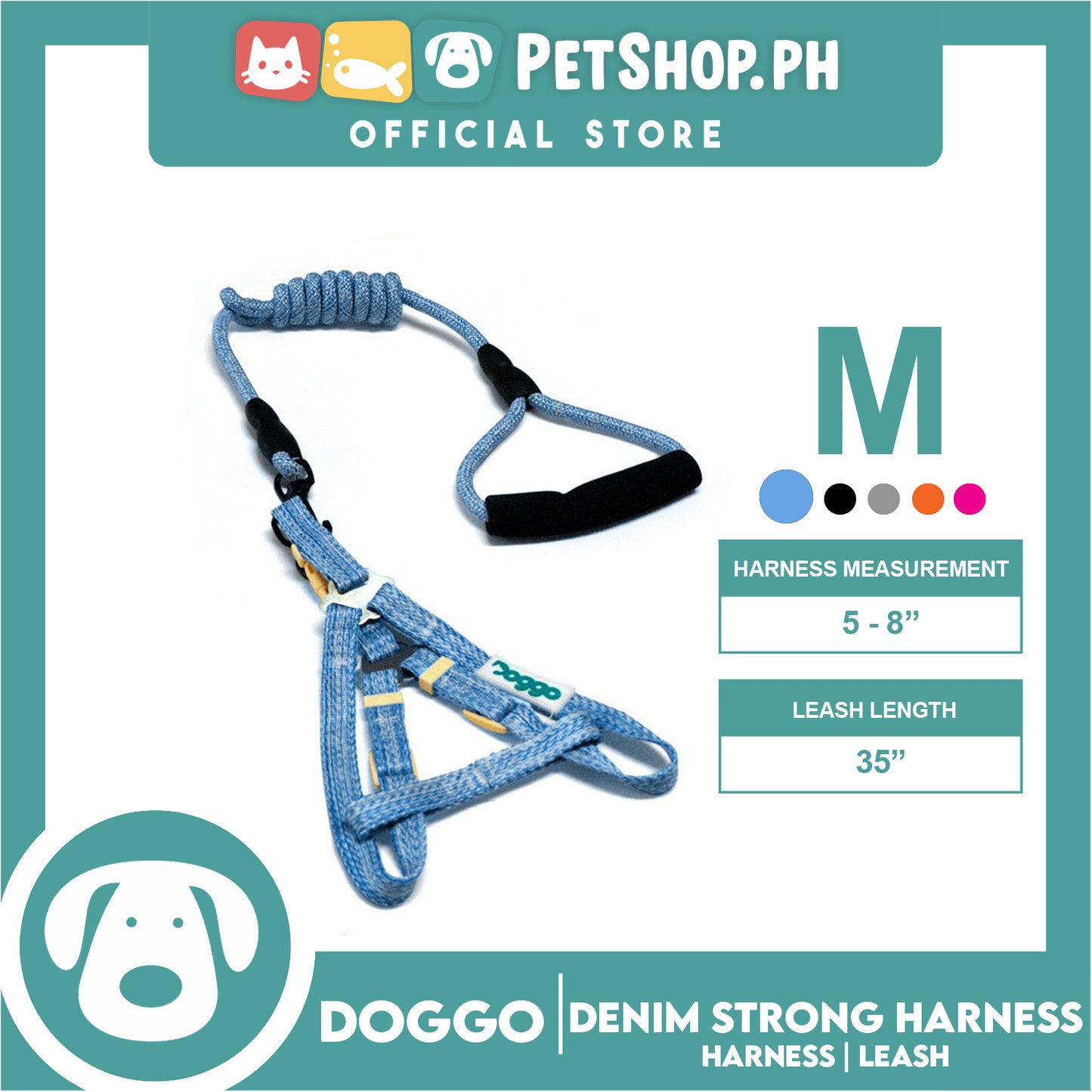 Doggo Atlanta Strong Harness and Leash Set Medium Size (Blue)