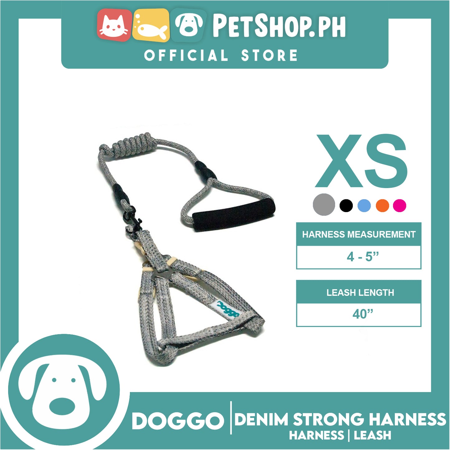 Doggo Atlanta Strong Harness and Leash Set Extra Small Size (Gray)