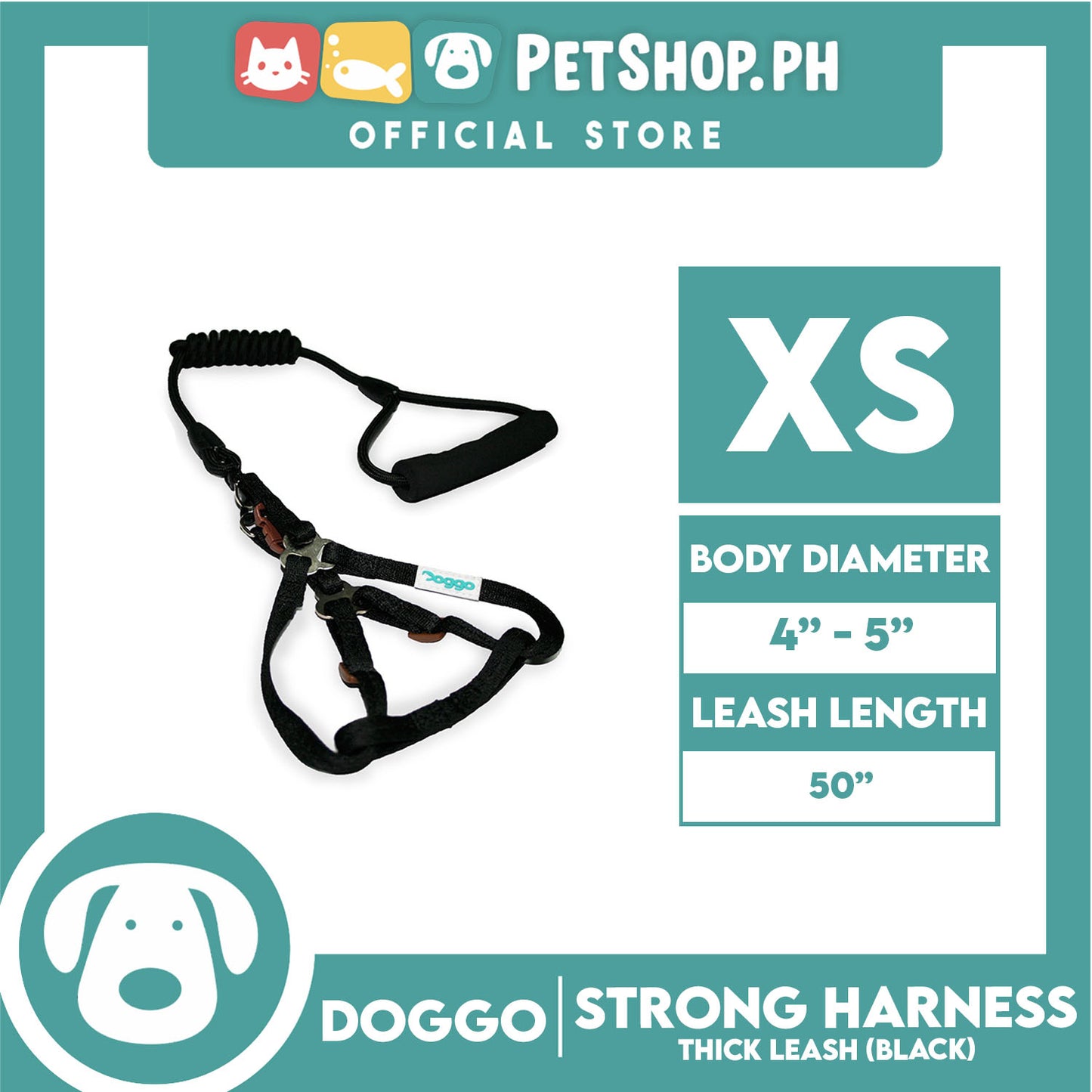 Doggo Strong Harness Thick Leash Soft Handle Steel Connector Extra Small (Black) Safe Harness for Your Dog