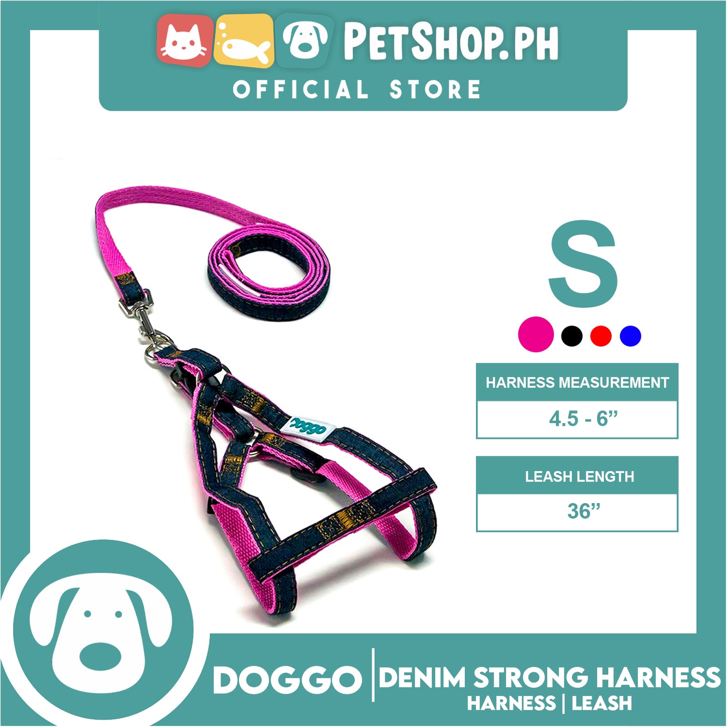 Doggo Denim Strong Harness Small (Pink) Thick Leash and Straps for Your Dog