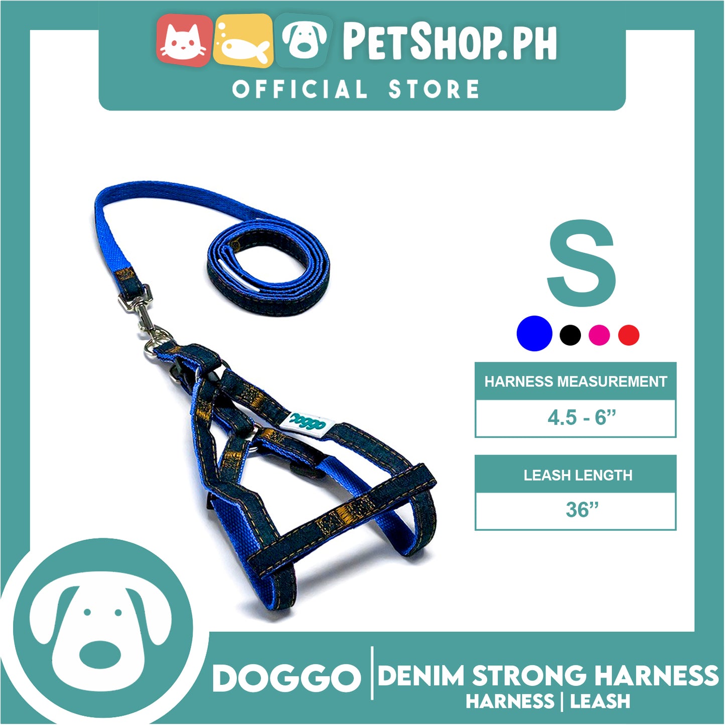 Doggo Denim Strong Harness Small (Blue) Thick Leash and Straps for Your Dog