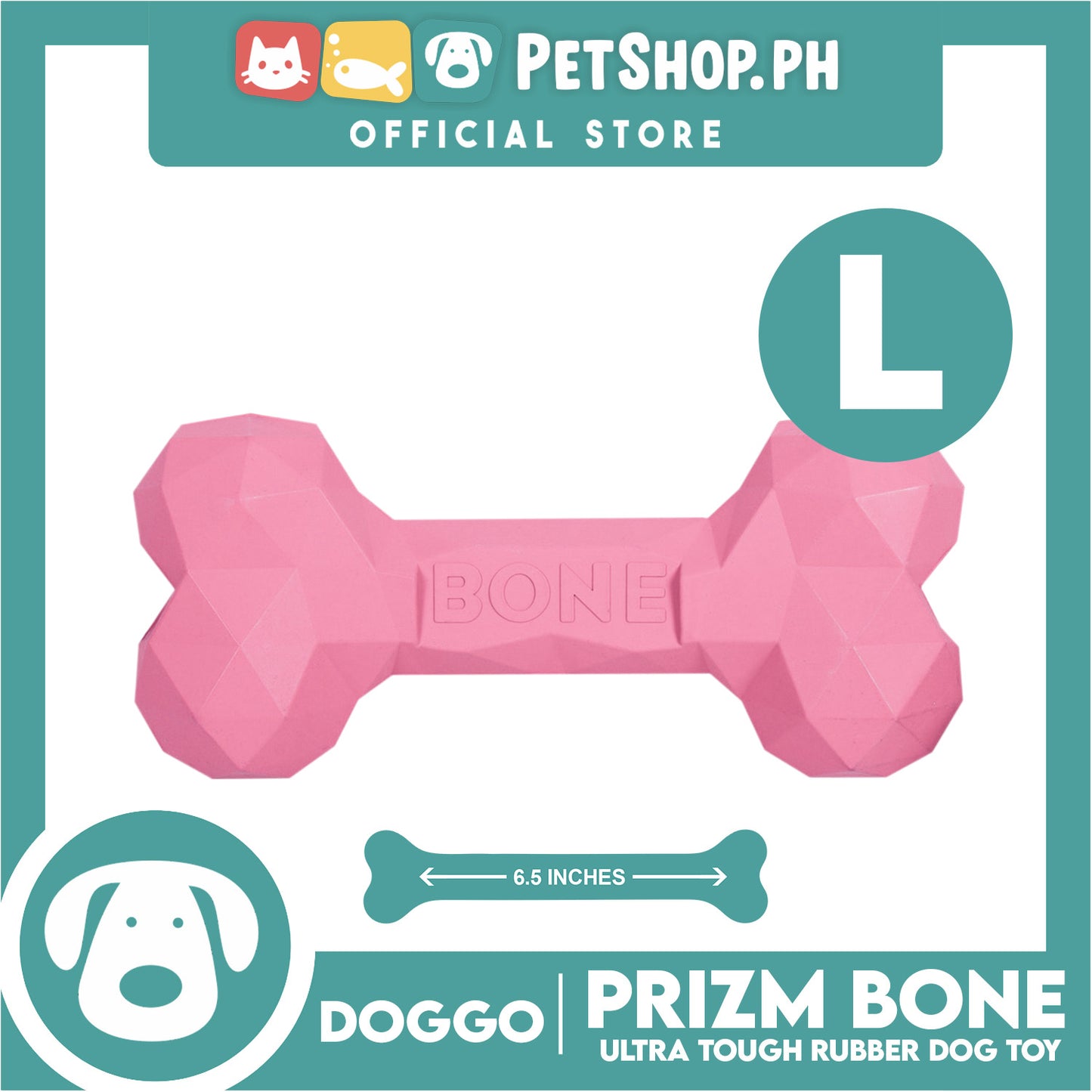 Doggo Prizm Bone Pink Color 6.5' ' (Large Size) Ultra Tough Rubber Dog Toy