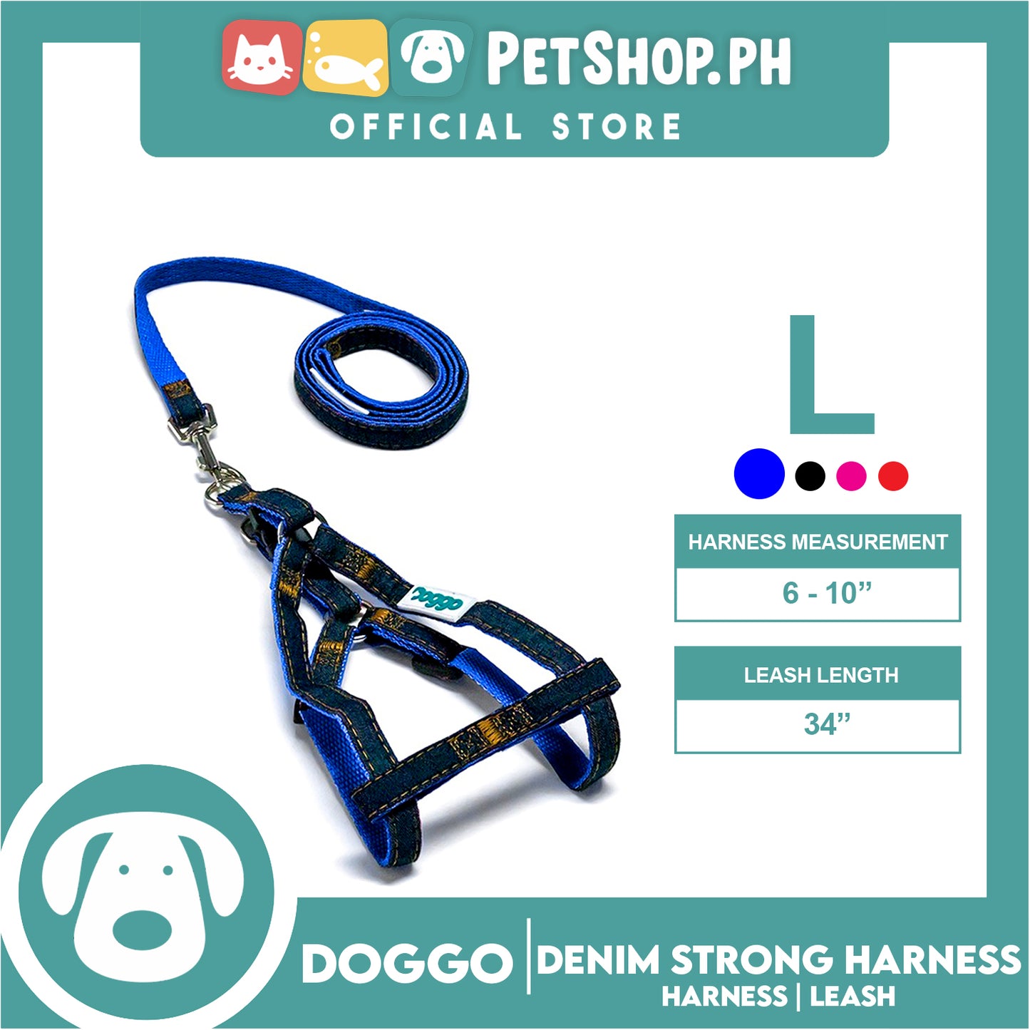 Doggo Denim Strong Harness Large (Blue) Thick Leash and Straps for Your Dog