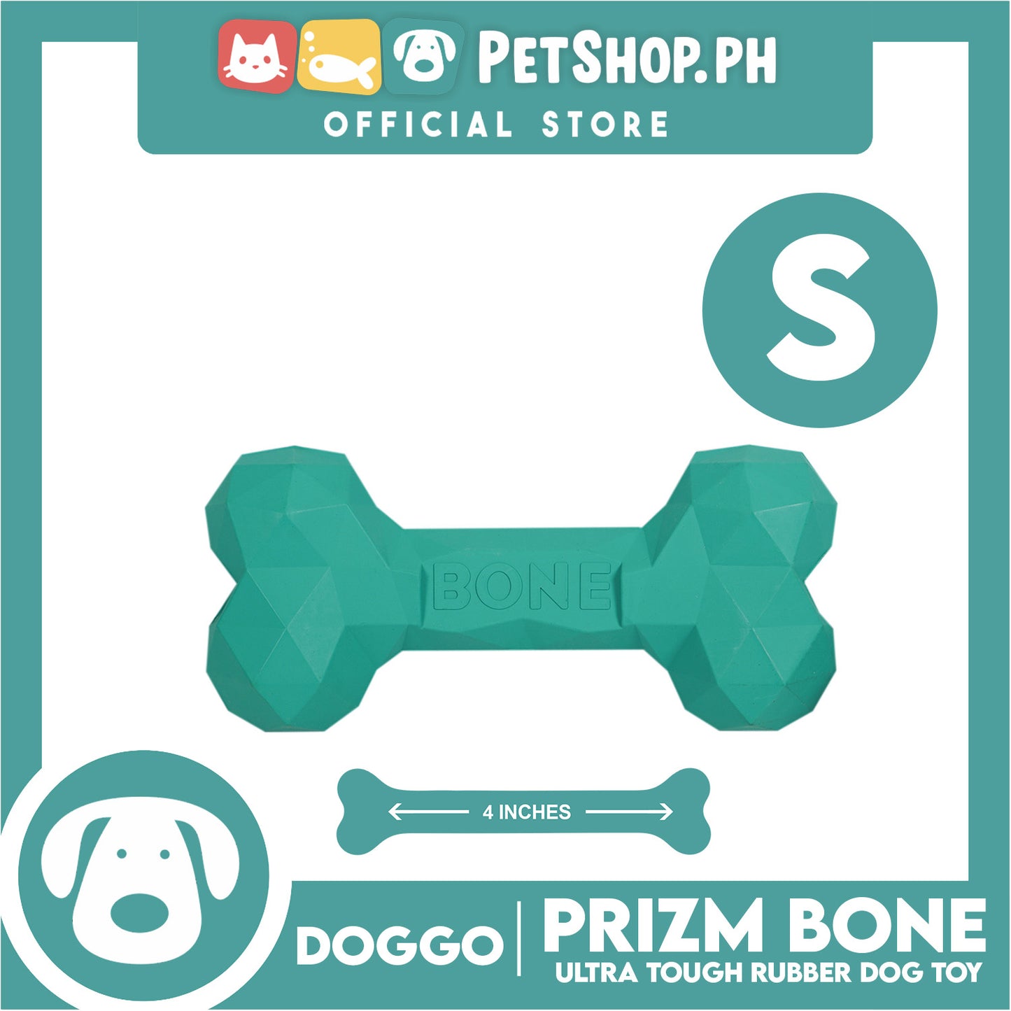 Doggo Prizm Bone Teal Color 4.5'' (Small Size) Ultra Tough Rubber Dog Toy