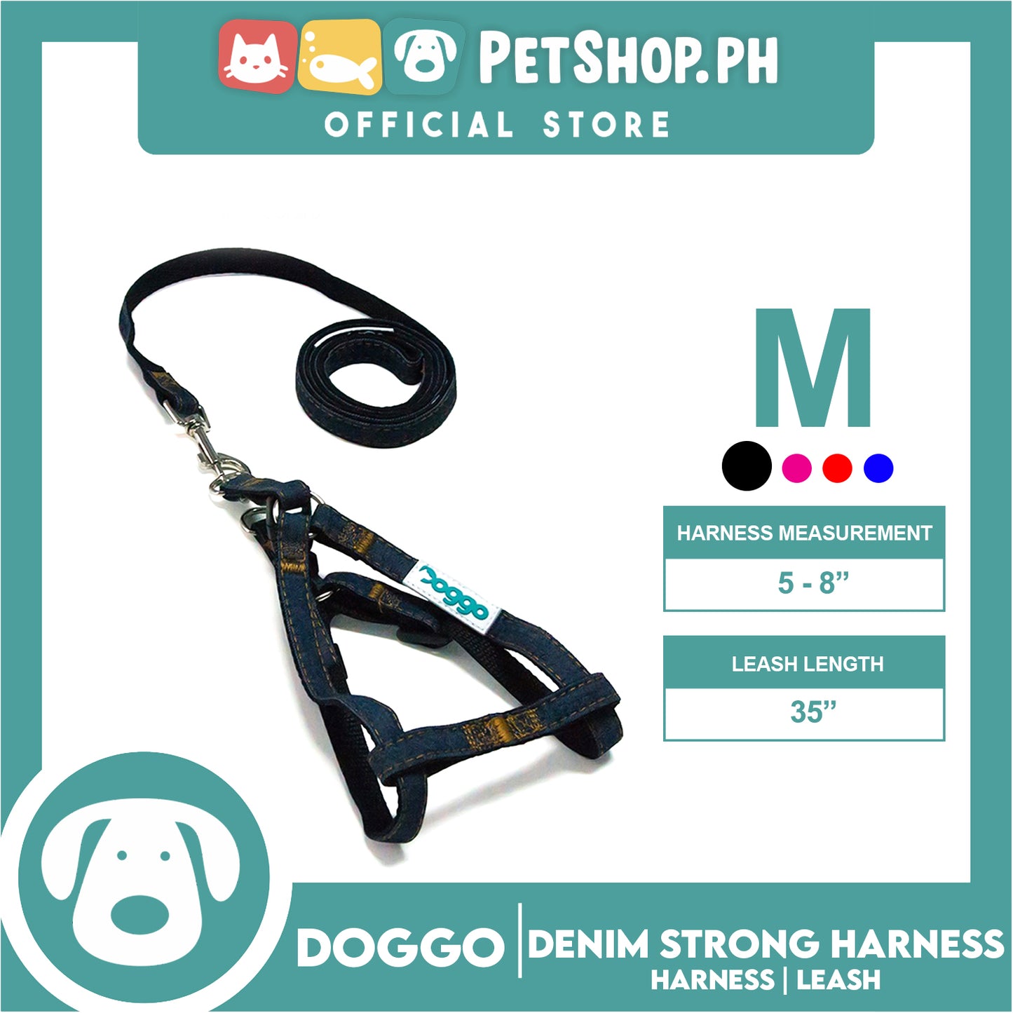 Doggo Denim Strong Harness Medium (Black) Thick Leash and Straps for Your Dog