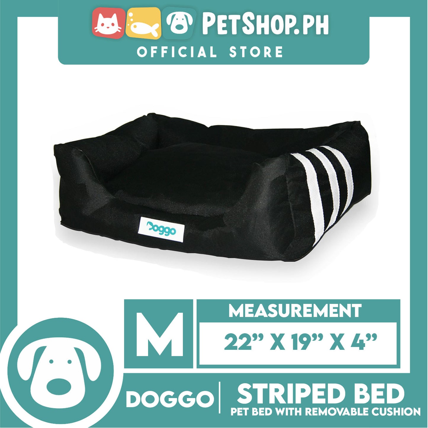 Doggo Striped Bed Black with White Striped (Medium) with Removable Cushion