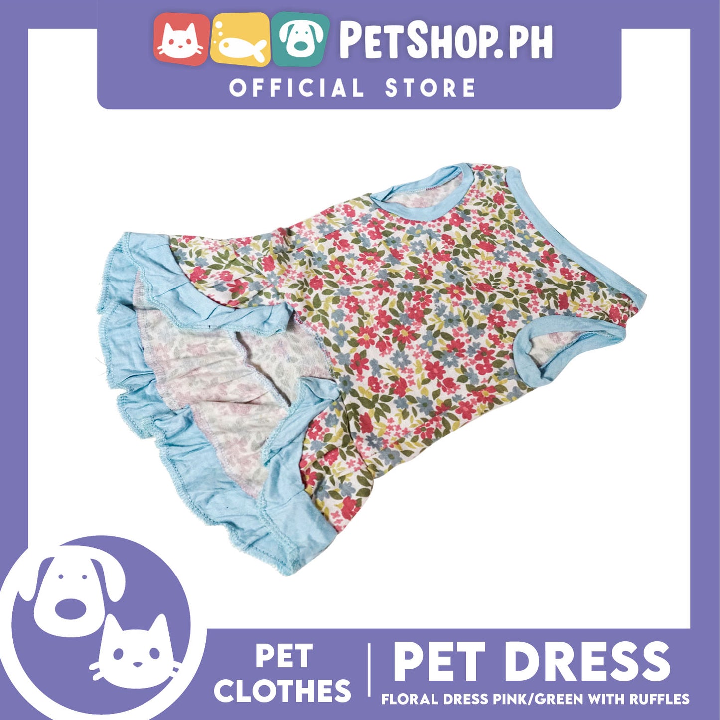 Floral Dress Pink / Green with Ruffles (Extra Large) for Puppy, Small Dogs and Cats
