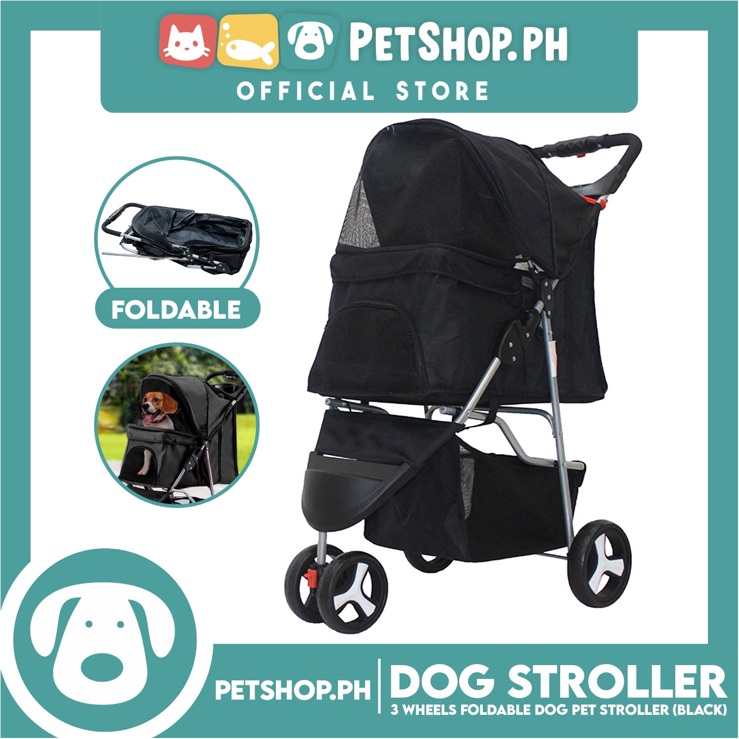 Pet Stroller Wheels Fordable Travel Stroller With Waterproof Shield (Black)
