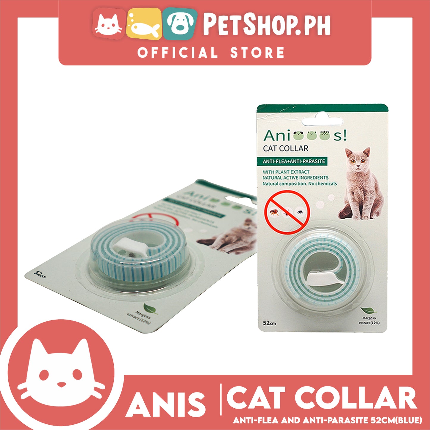 Adjustable Cat Collar Anti-Flea and Anti-Parasite 52cm with 12% Margosa Extract Flea C6713 (Assorted Color)