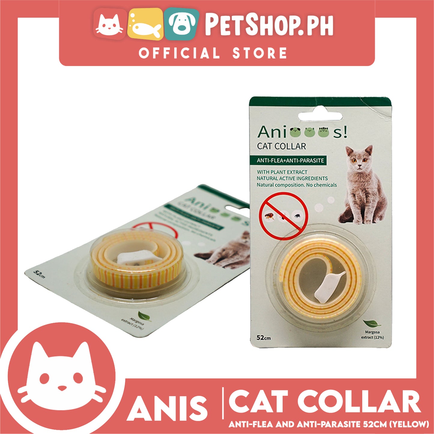 Adjustable Cat Collar Anti-Flea and Anti-Parasite 52cm with 12% Margosa Extract Flea C6713 (Assorted Color)