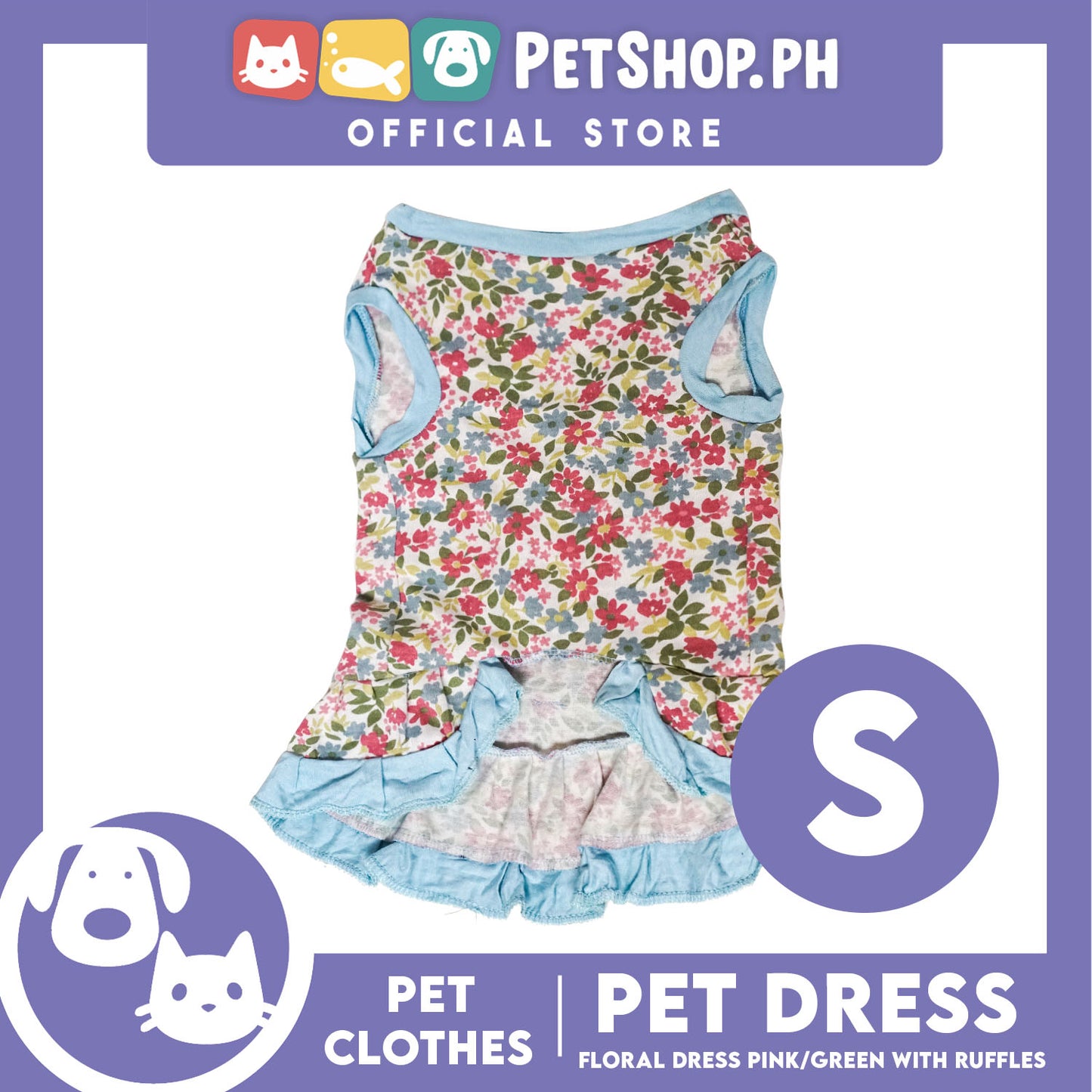 Floral Dress Pink / Green with Ruffles (Small) for Puppy, Small Dogs and Cats