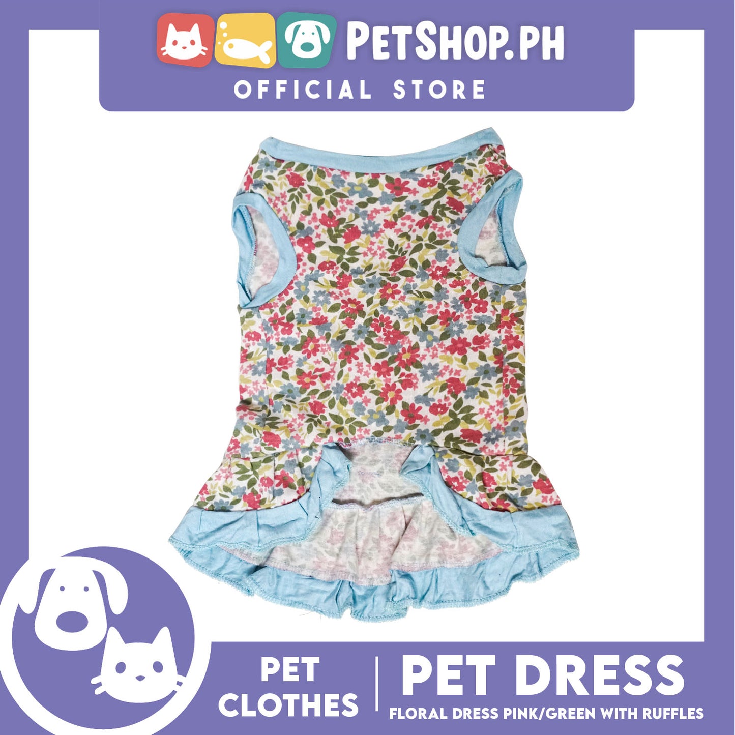 Floral Dress Pink / Green with Ruffles (Medium) for Puppy, Small Dogs and Cats