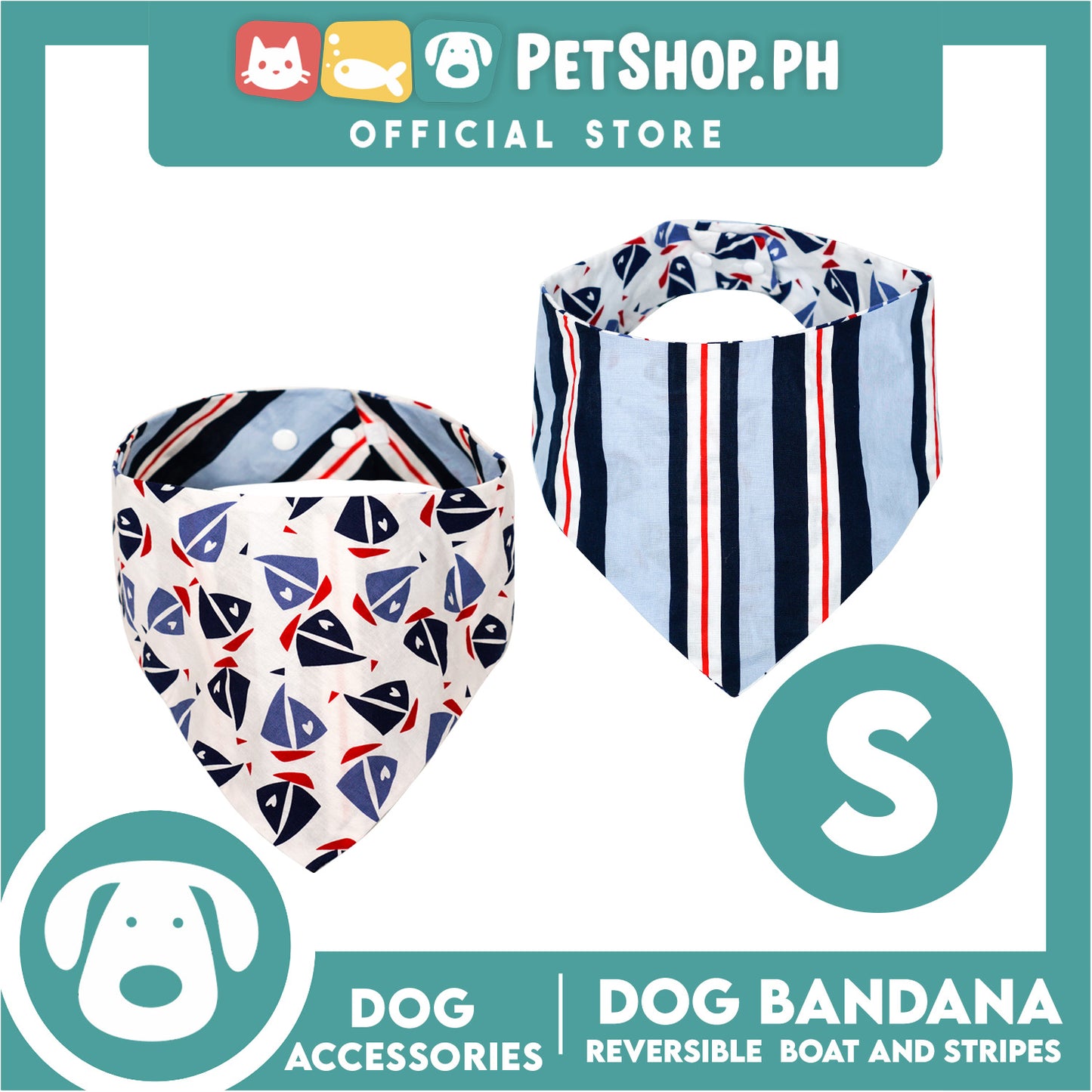Reversible Dog Pet Bandana Scarf Boat and Stripes Design Washable Scarf (Small)