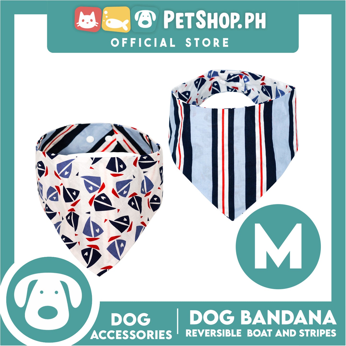 Reversible Dog Pet Bandana Scarf Boat and Stripes Design Washable Scarf (Medium)