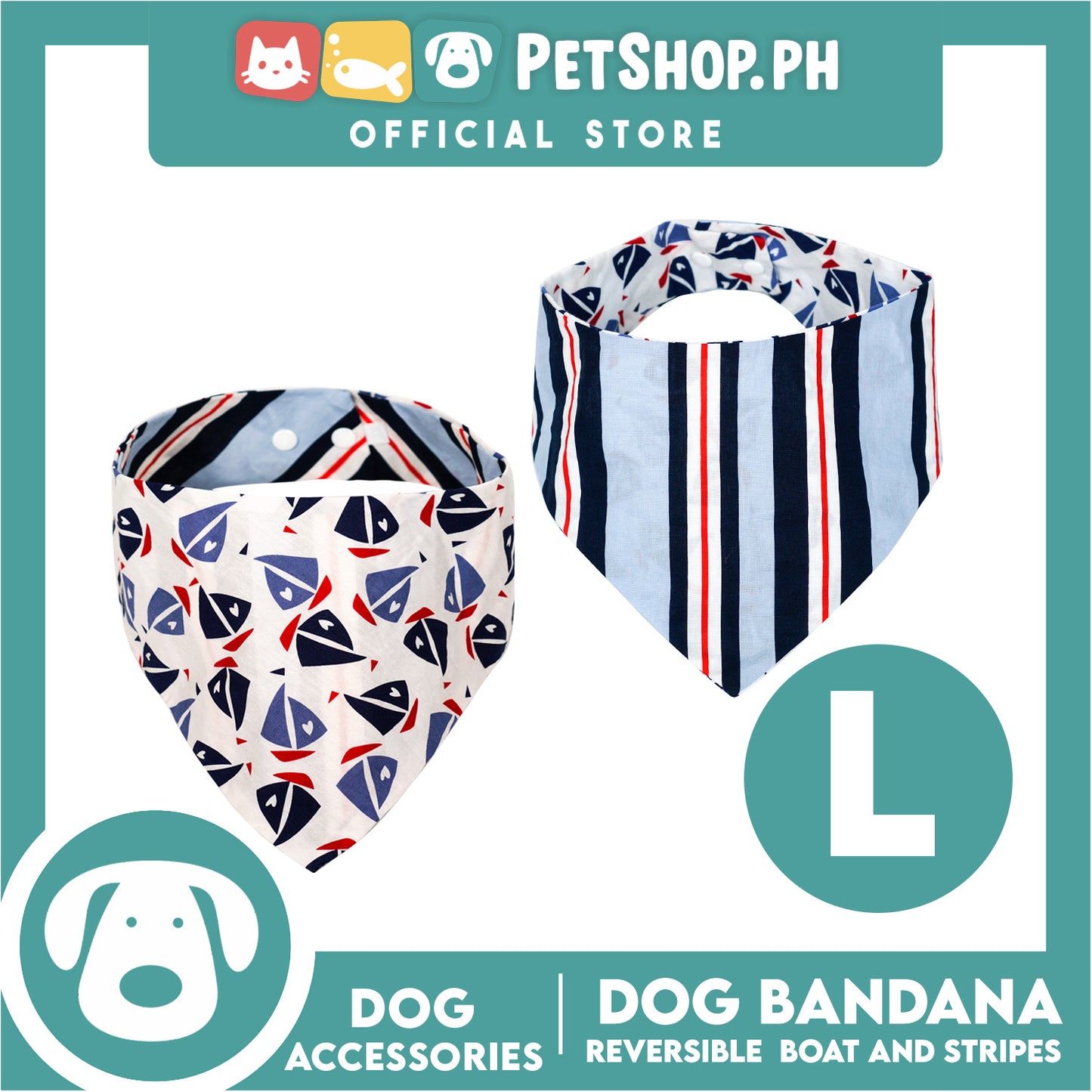 Reversible Dog Pet Bandana Scarf Boat and Stripes Design Washable Scarf (Large)