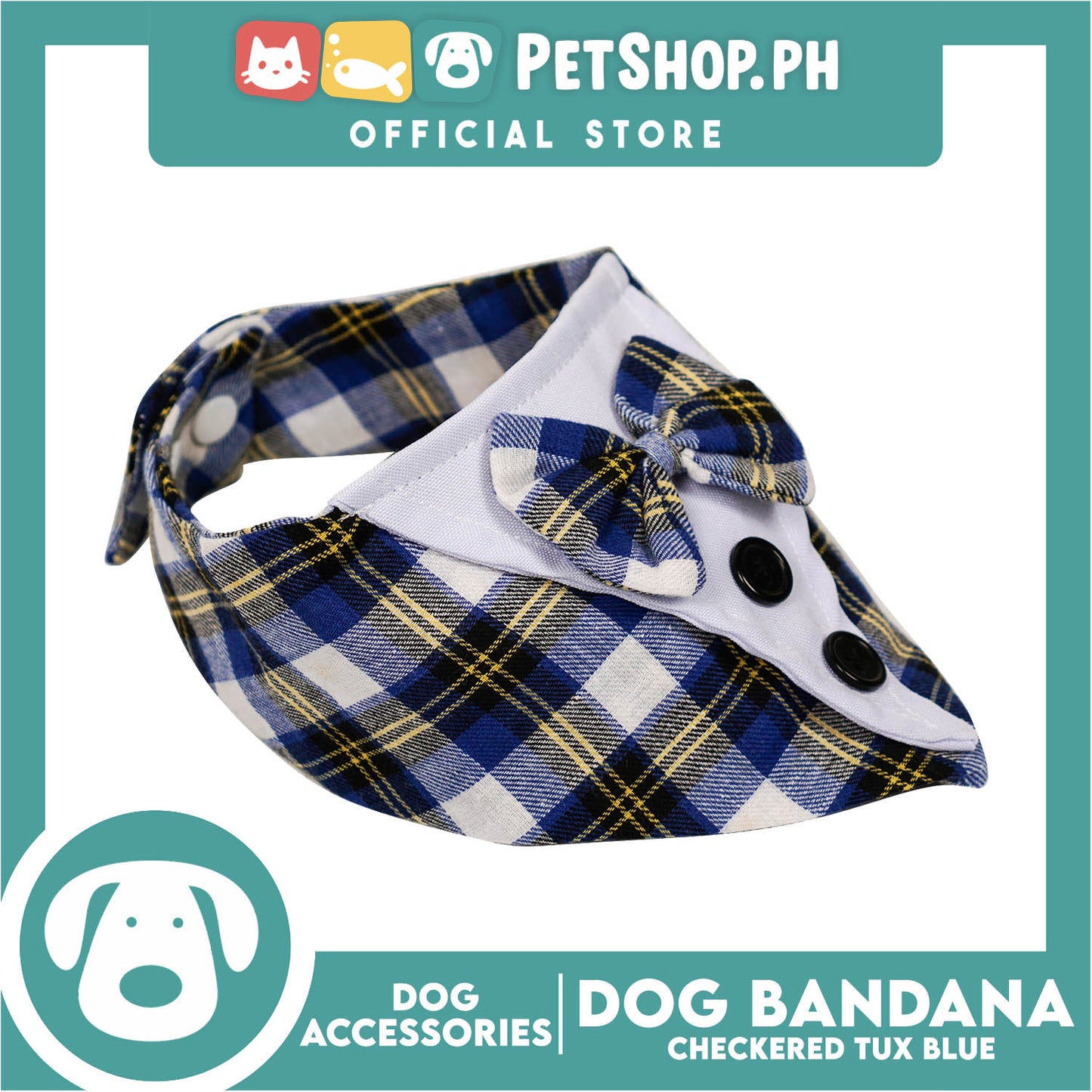 Dog Pet Bandana Blue Checkered Tuxedo Design Washable Scarf (Large)