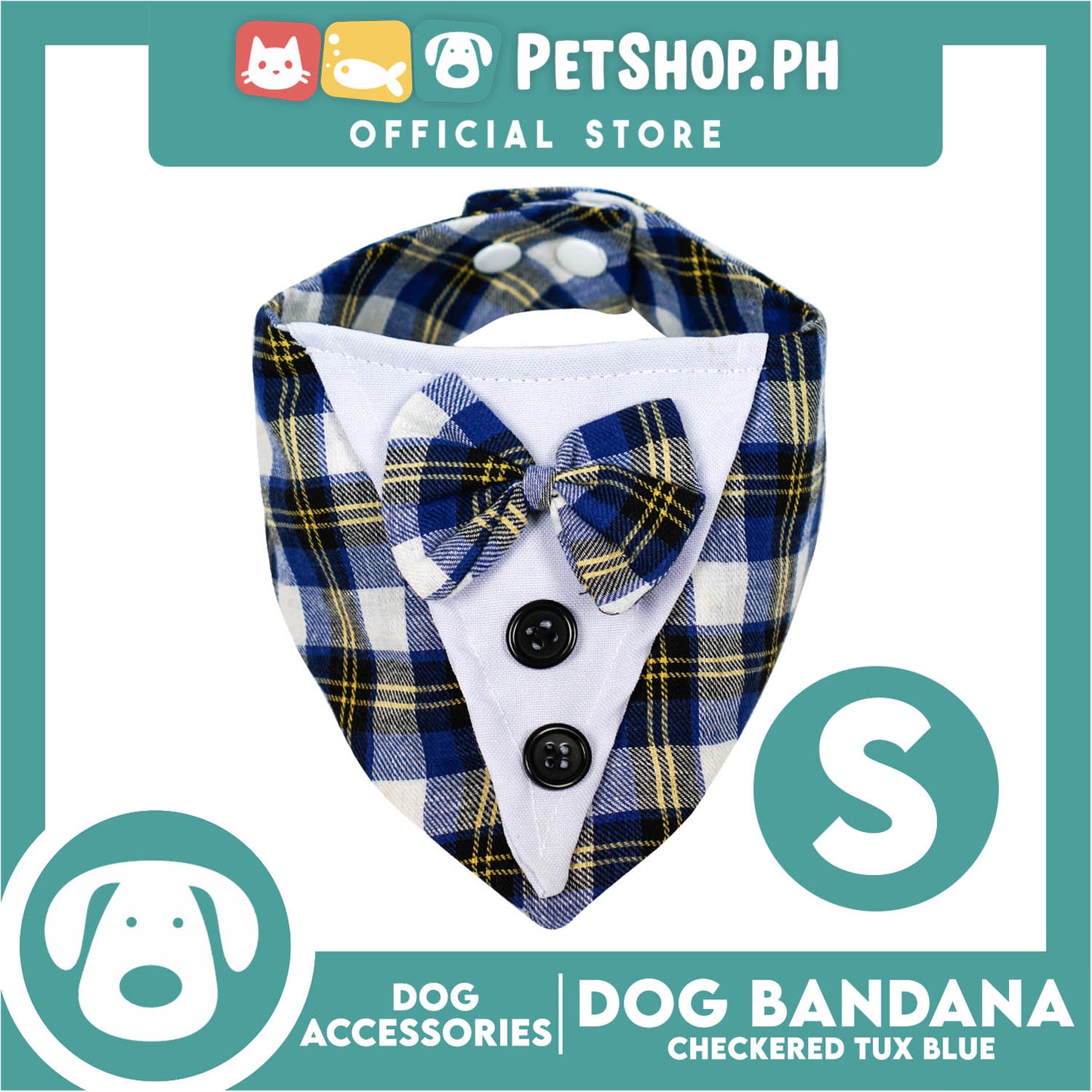 Dog Pet Bandana Blue Checkered Tuxedo Design Washable Scarf (Small)