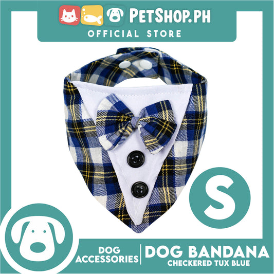 Dog Pet Bandana Blue Checkered Tuxedo Design Washable Scarf (Small)