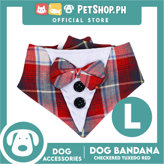 Dog Pet Bandana Red Checkered Tuxedo Design Washable Scarf (Large)
