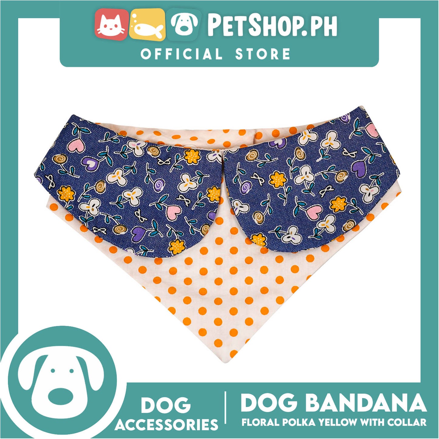Dog Pet Bandana Blue Floral Yellow Polka Dots Design with Collar Washable Scarf (Extra Large)
