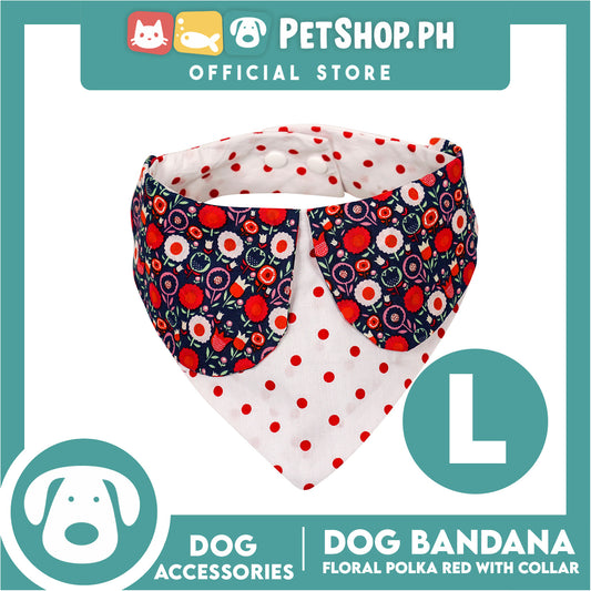Dog Pet Bandana Red Floral Polka Dots Design with Collar Washable Scarf (Large)