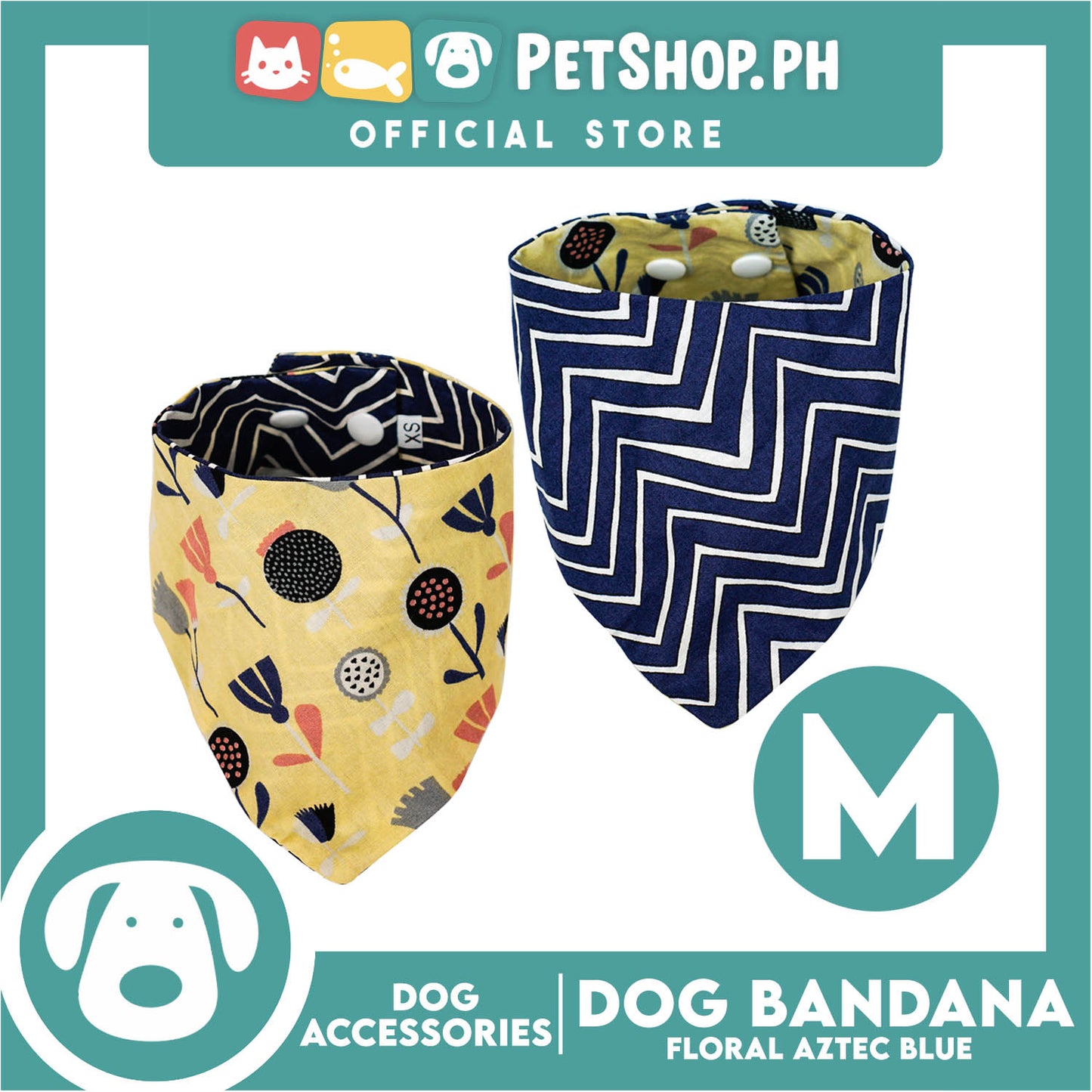 Reversible Dog Pet Bandana Blue Zigzag and Aztec Design Washable Scarf (Medium)