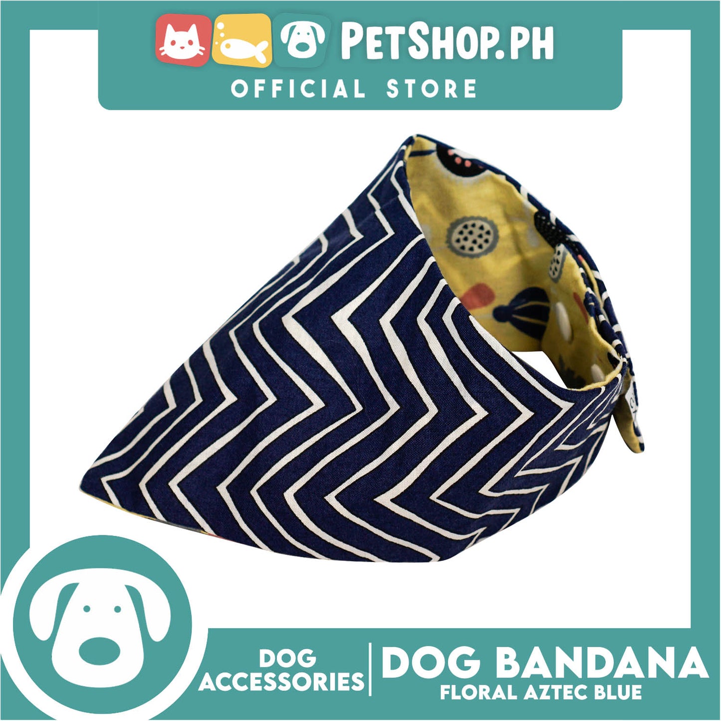 Reversible Dog Pet Bandana Blue Zigzag and Aztec Design Washable Scarf (Medium)