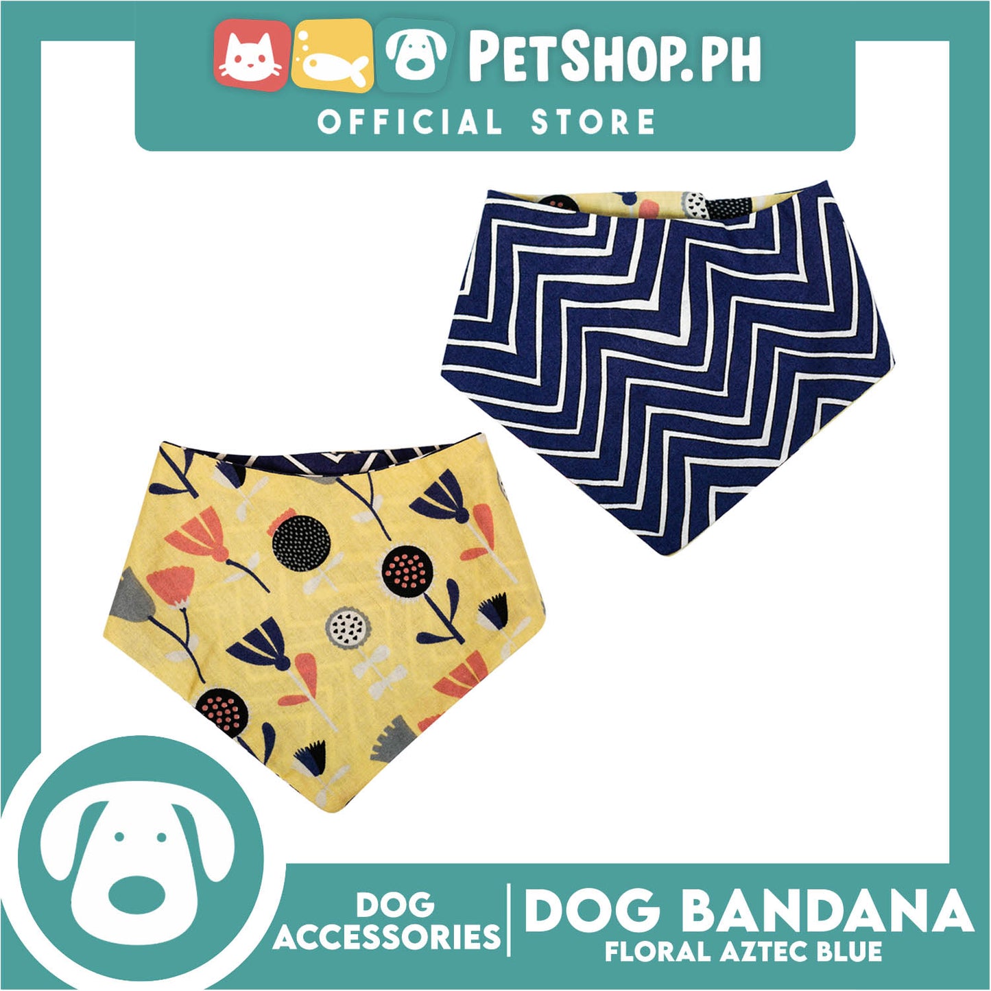 Reversible Dog Pet Bandana Blue Zigzag and Aztec Design Washable Scarf (Small)