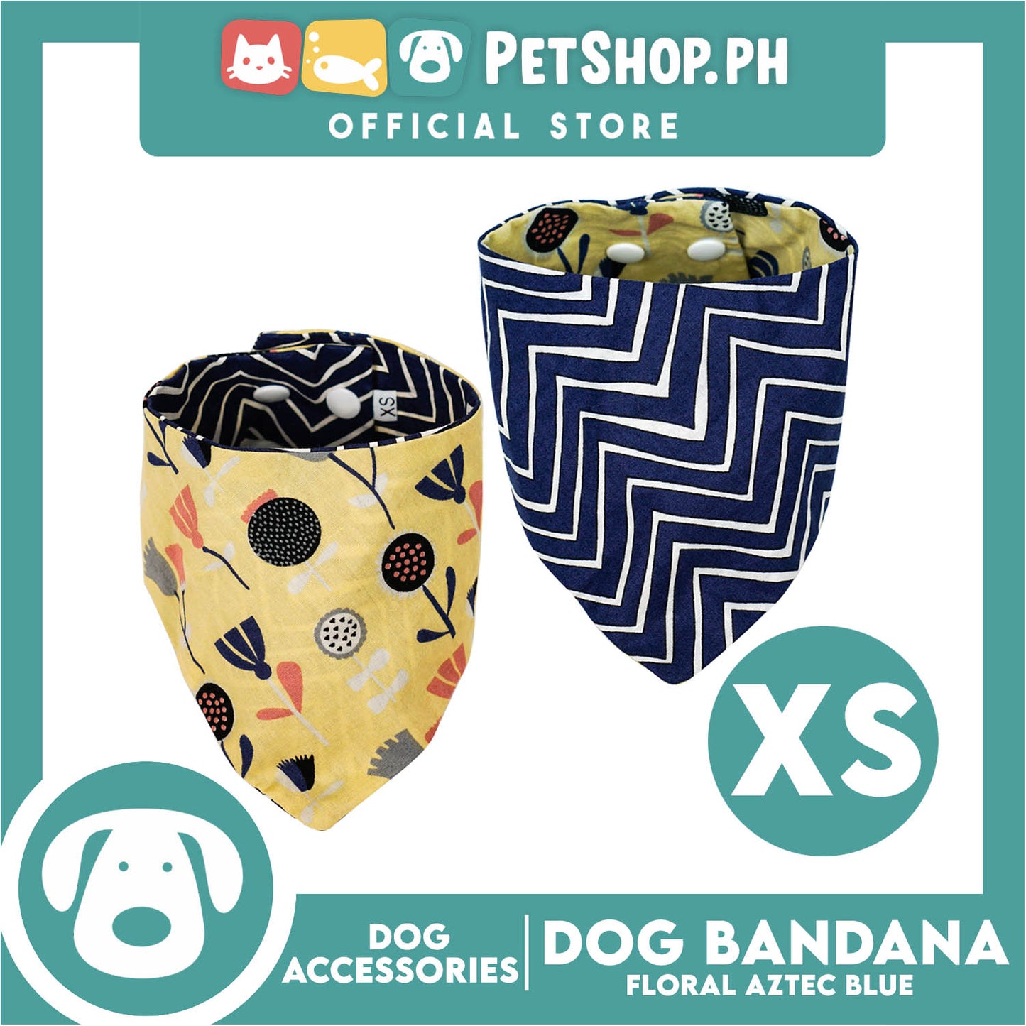 Reversible Dog Pet Bandana Blue Zigzag and Aztec Design Washable Scarf (Extra Small)