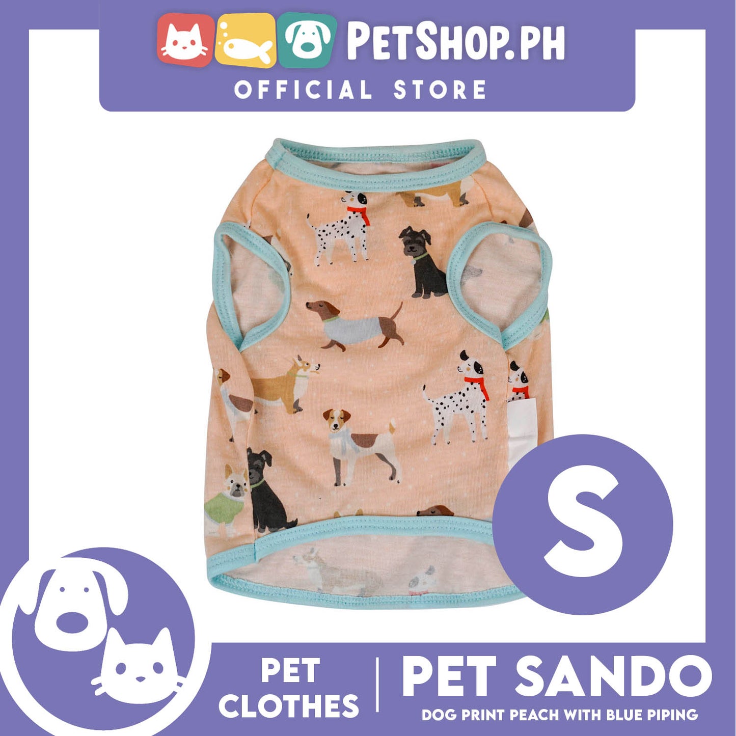 Pet Shirt Dog Print Peach with Blue Piping (Small) Perfect Fit for Dogs