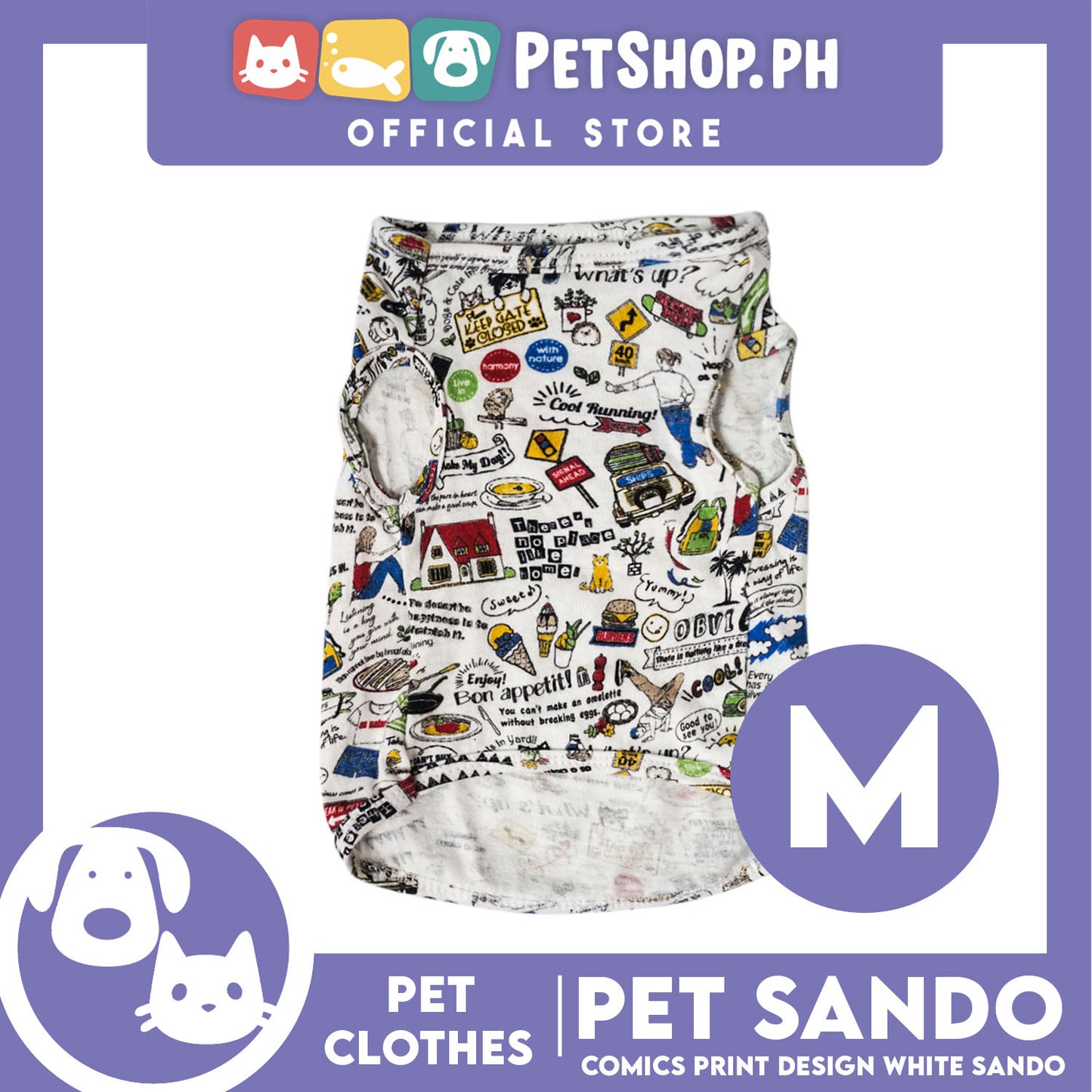 Pet Shirt Comics Print Design White (Medium) Perfect Fit for Dogs