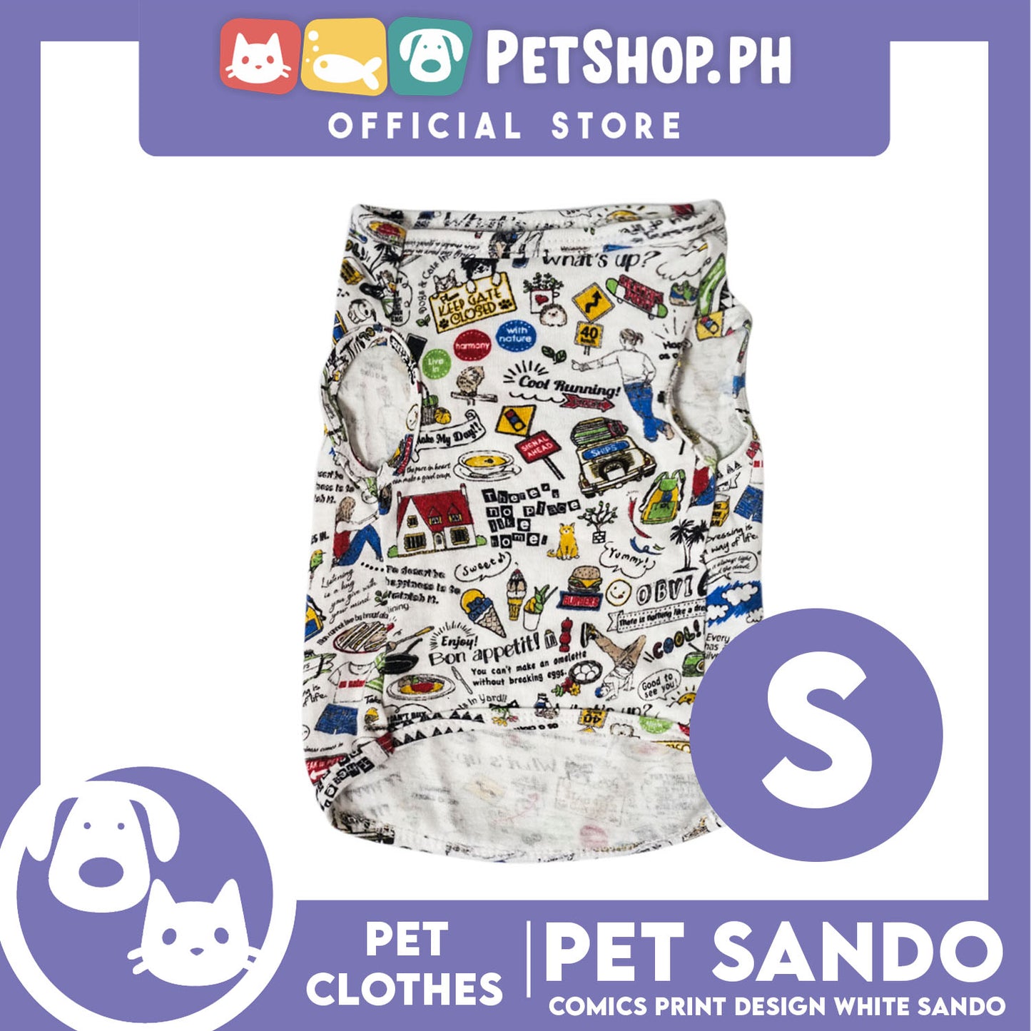 Pet Shirt Comics Print Design White (Small) Perfect Fit for Dogs