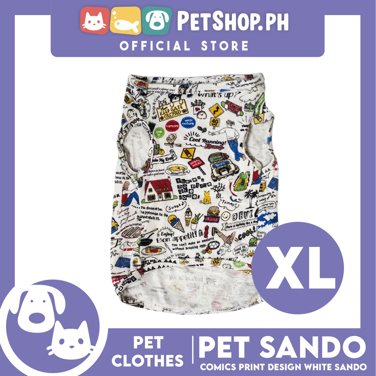 Pet Shirt Comics Print Design White (Extra Large) Perfect Fit for Dogs