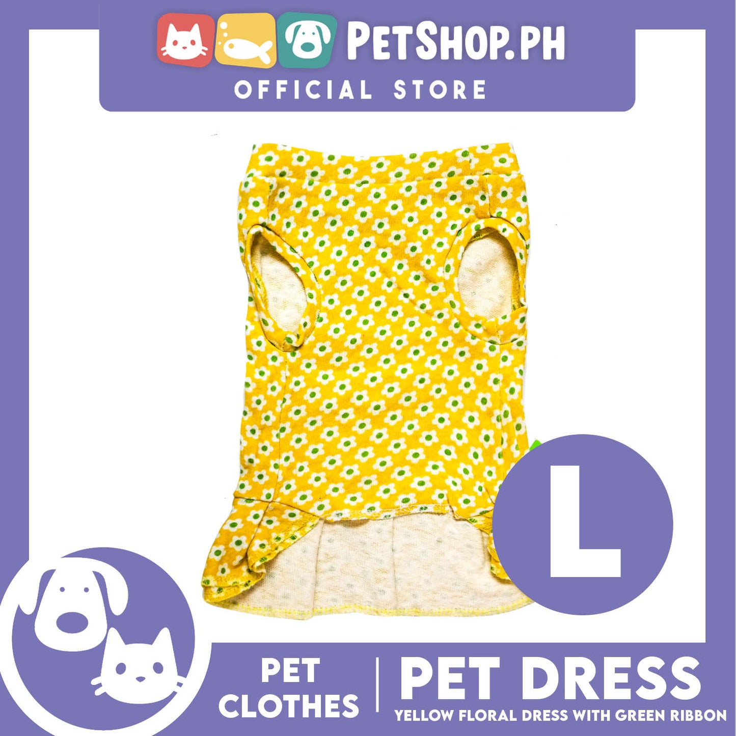 Pet Dress Yellow Floral with Green Ribbon Design (Large) Pet Clothes Perfect Fit for Dogs