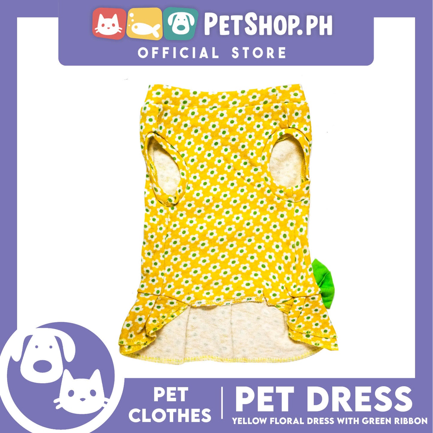 Pet Dress Yellow Floral with Green Ribbon Design (Large) Pet Clothes Perfect Fit for Dogs