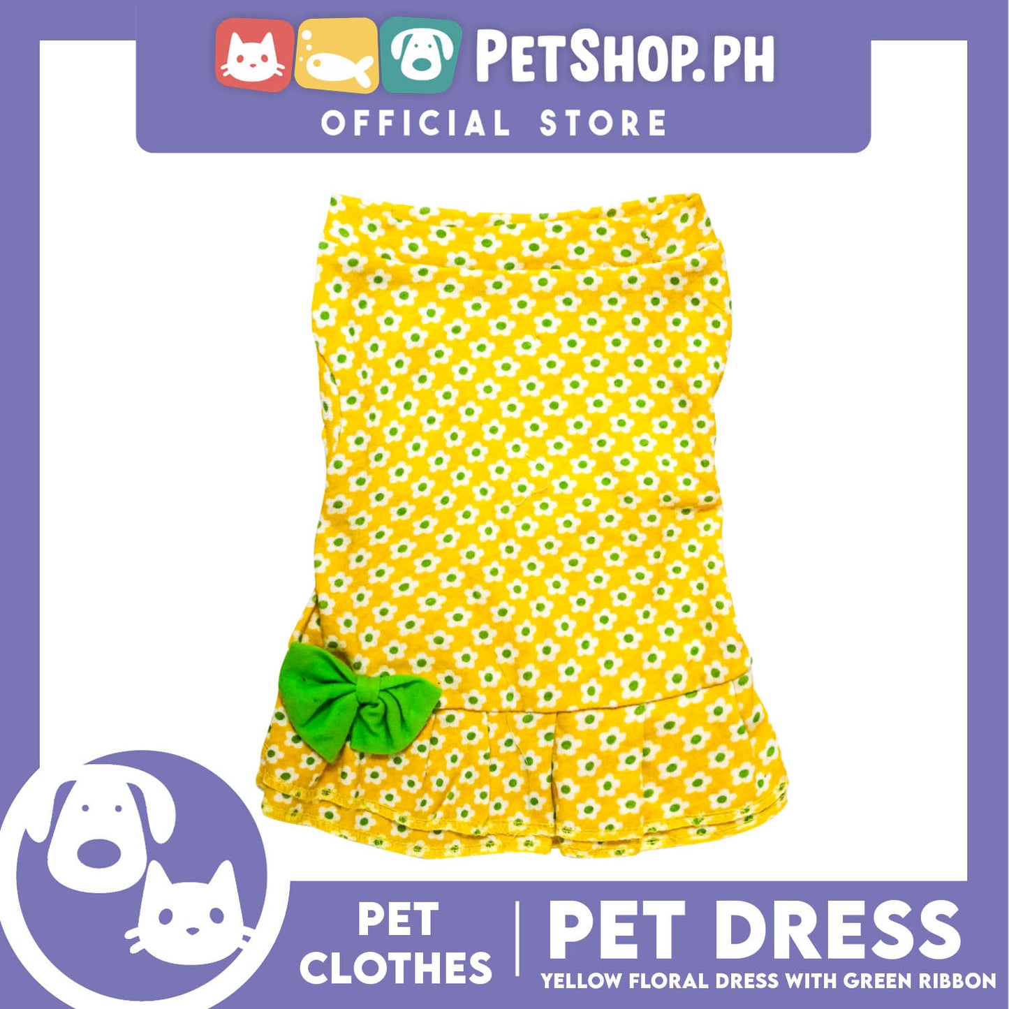 Pet Dress Yellow Floral with Green Ribbon Design (Large) Pet Clothes Perfect Fit for Dogs