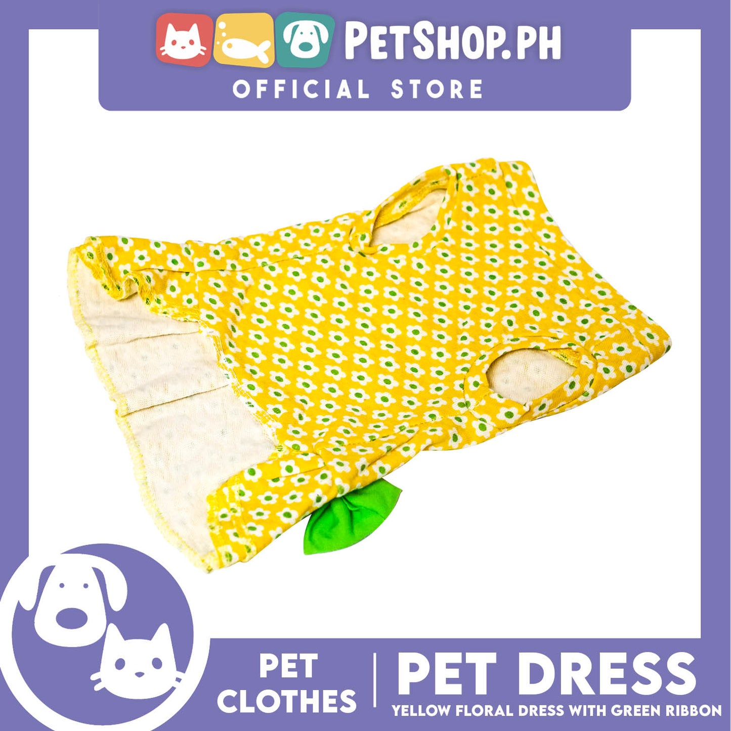 Pet Dress Yellow Floral with Green Ribbon Design (Large) Pet Clothes Perfect Fit for Dogs