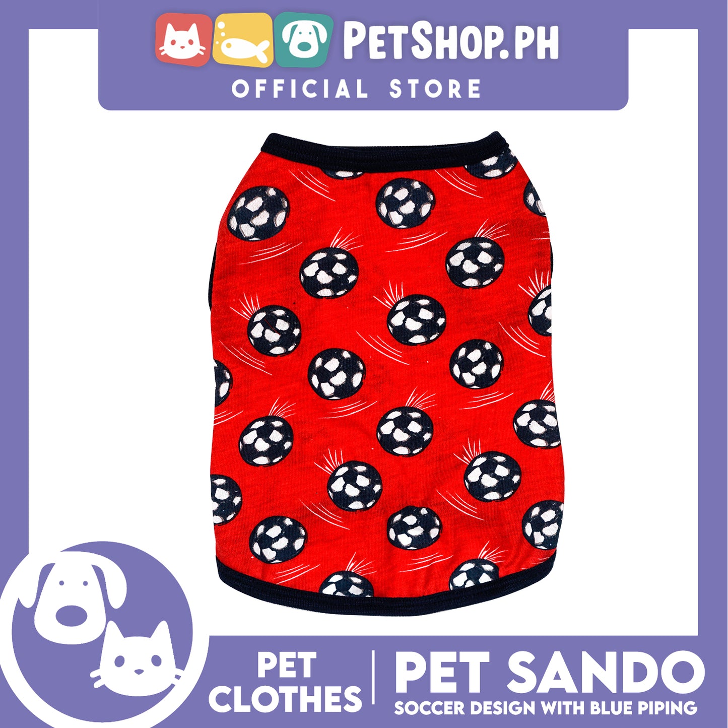 Pet Sando Red Soccer Ball Print with Blue Piping Pet Clothes (Large) Perfect Fit for Dogs and Cats