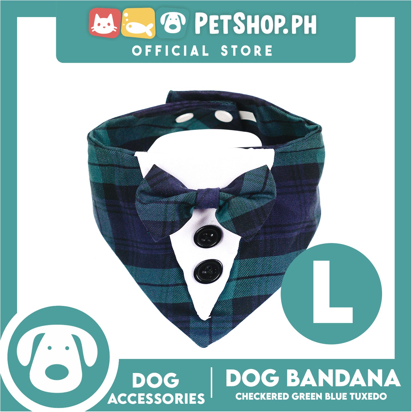Dog Pet Bandana Blue and Green Checkered Tuxedo Design Washable Scarf (Large)