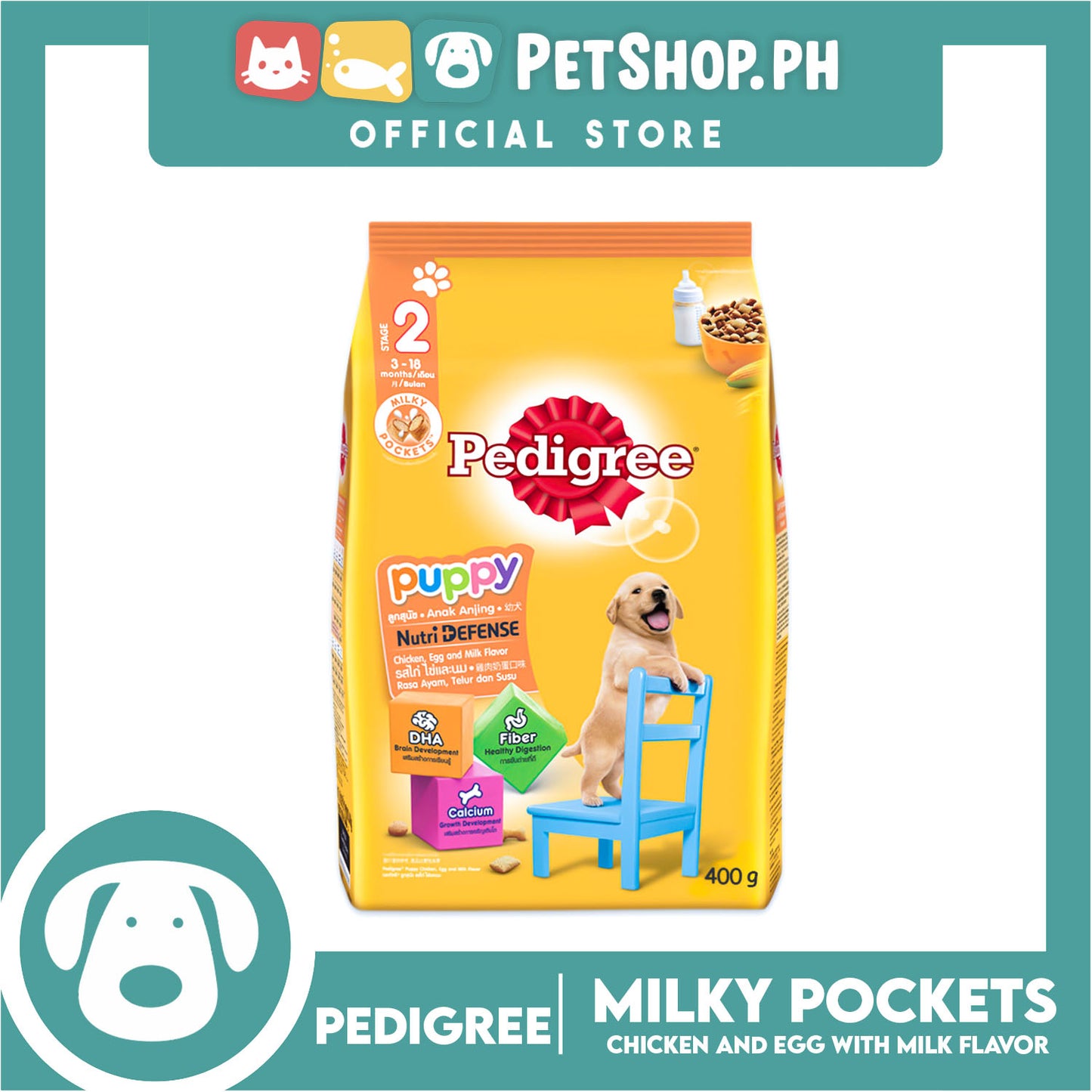 Pedigree Puppy Nutri-Defense DHA, Fiber, Calcium Chicken, Egg And Milk Flavor 400g Stage 2 For 3-18 Months
