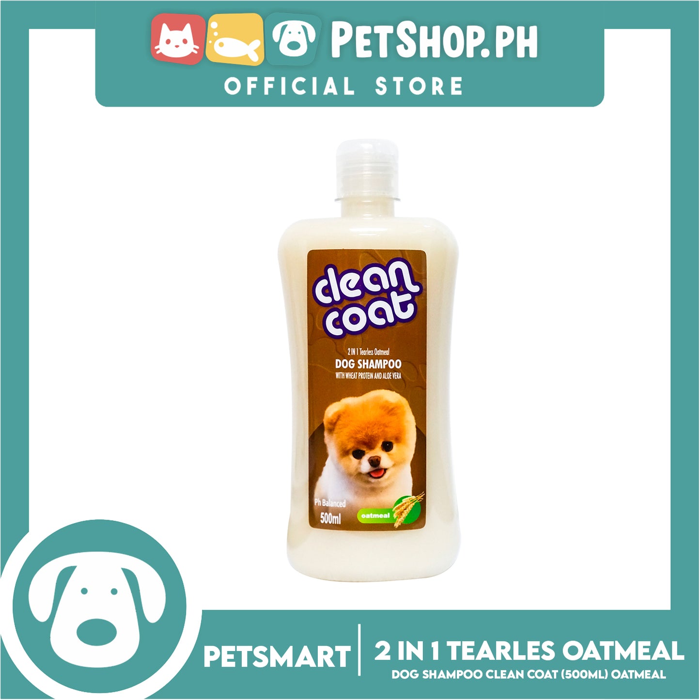 Clean Coat 2 in 1 Tearless Oatmeal With Wheat Protein And Aloe Vera 500ml Dog Shampoo