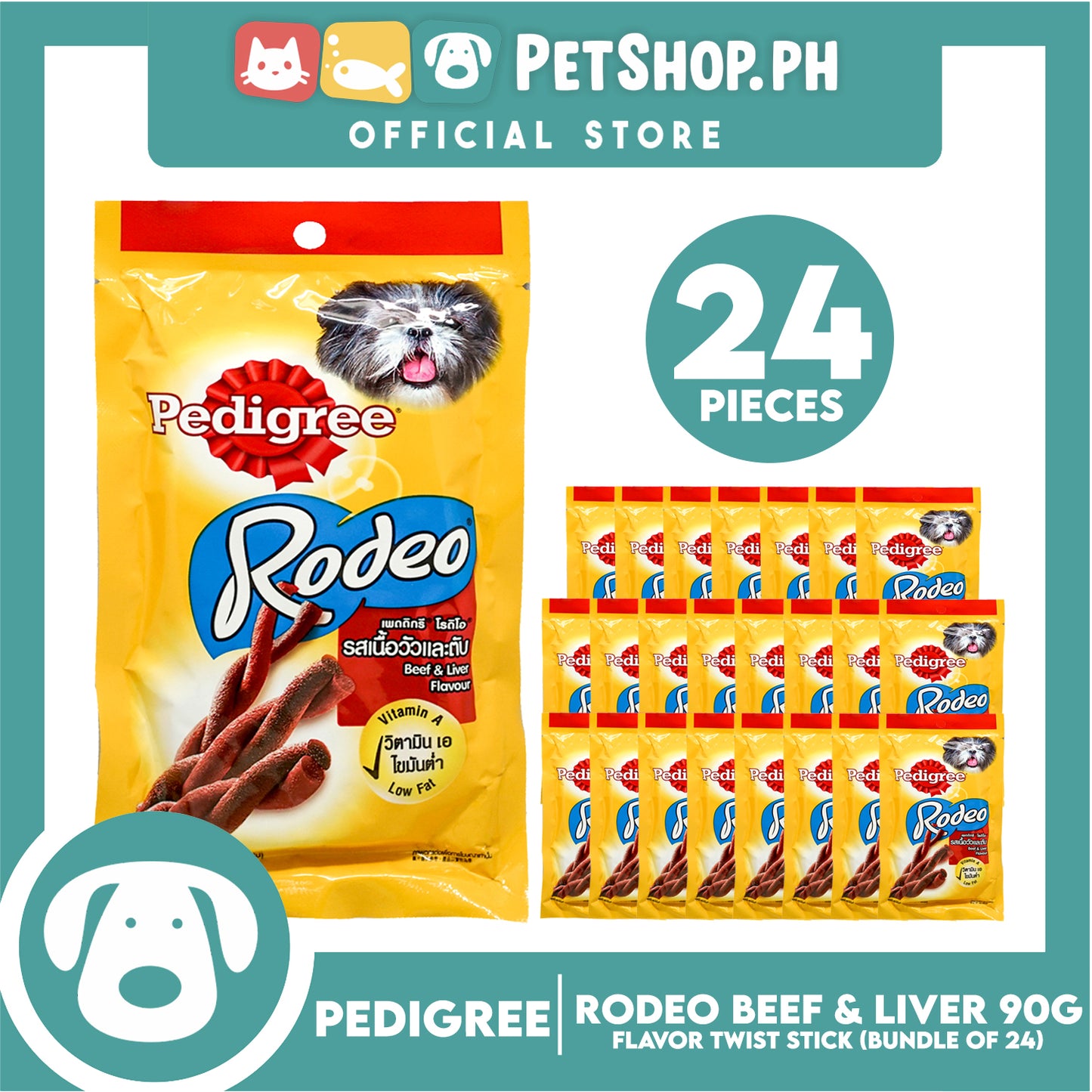 24pcs Pedigree Rodeo Beef and Liver 90g Dog Treats, Twist Stick