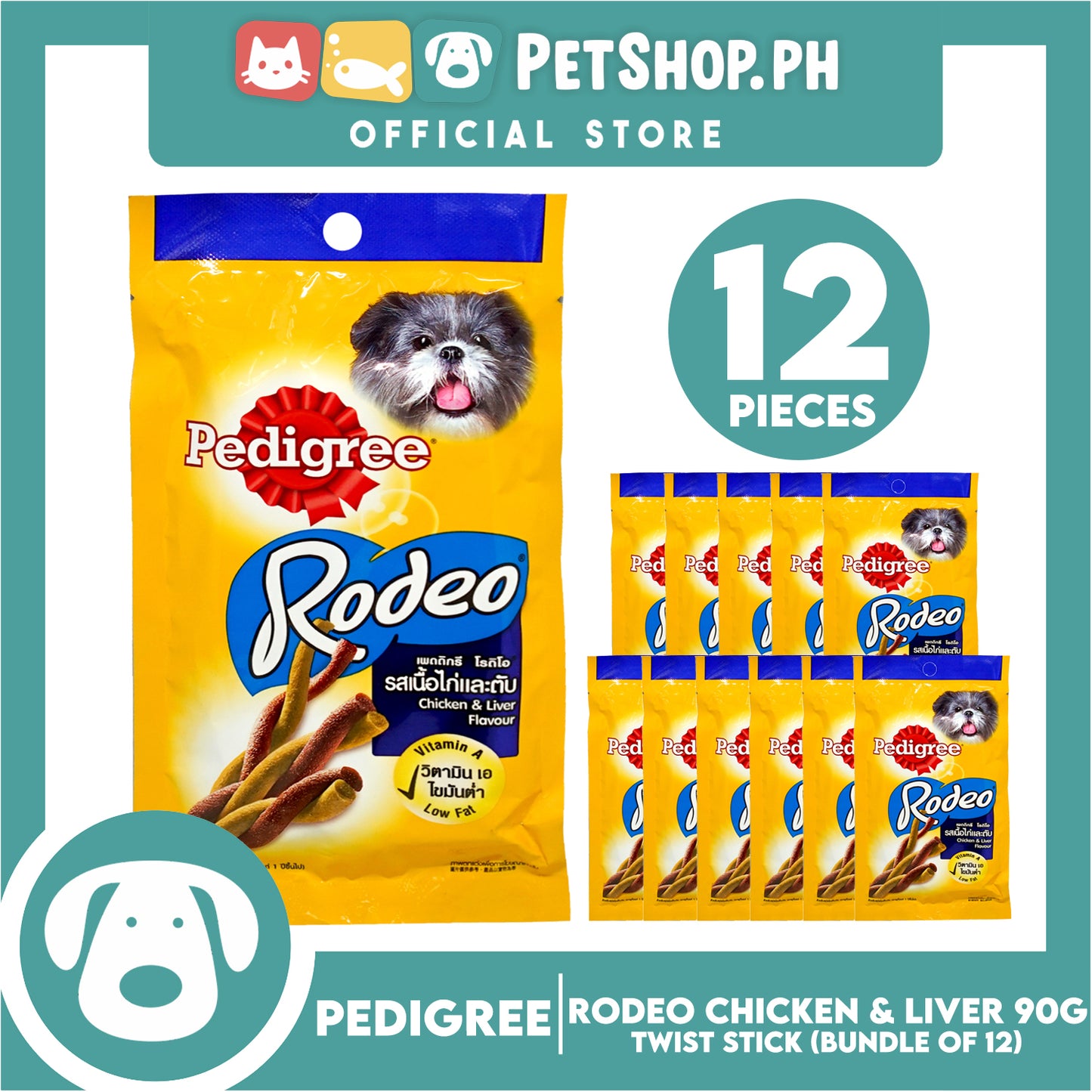12pcs Pedigree Rodeo Chicken and Liver 90g Dog Treats, Twist Stick