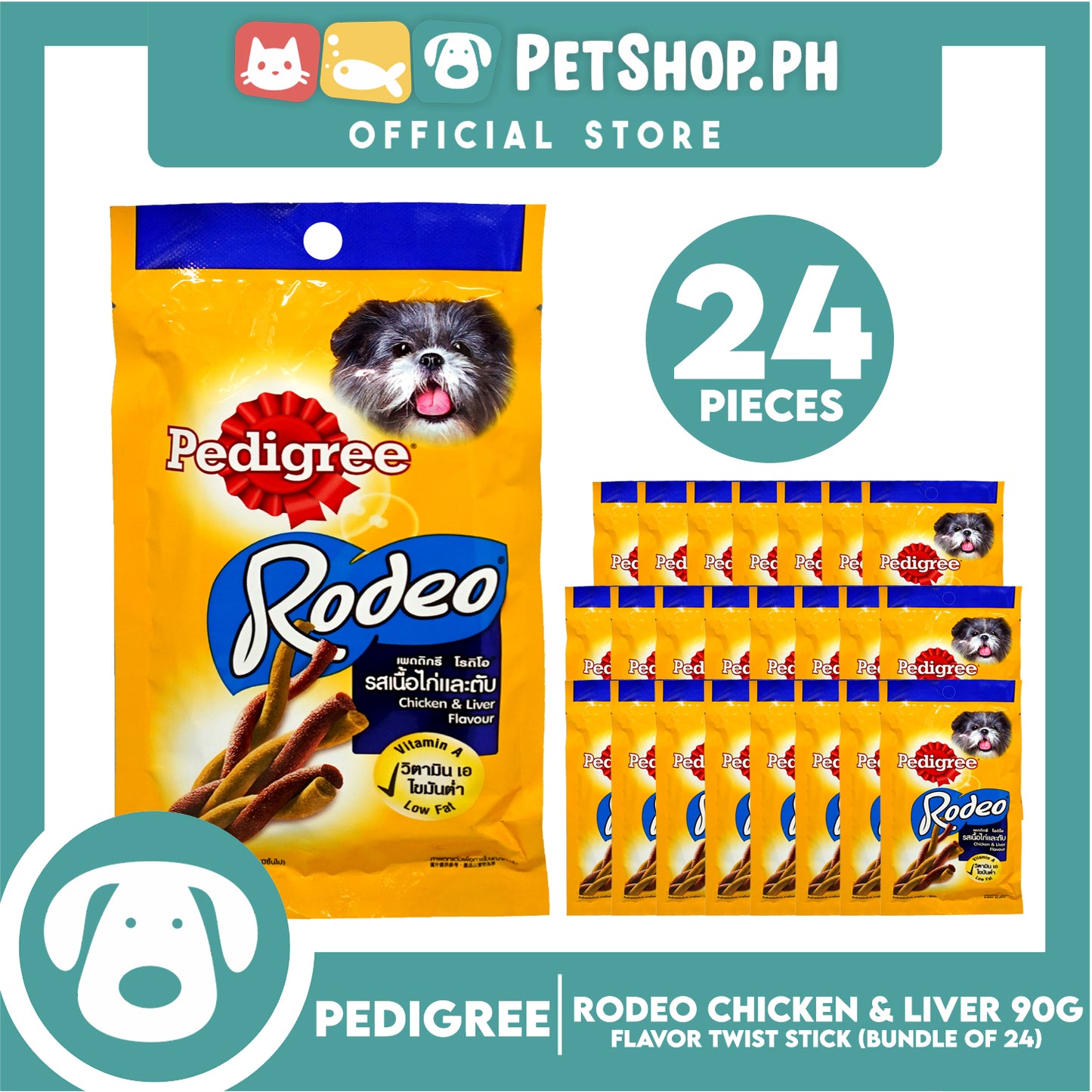 24pcs Pedigree Rodeo Chicken and Liver 90g Dog Treats, Twist Stick