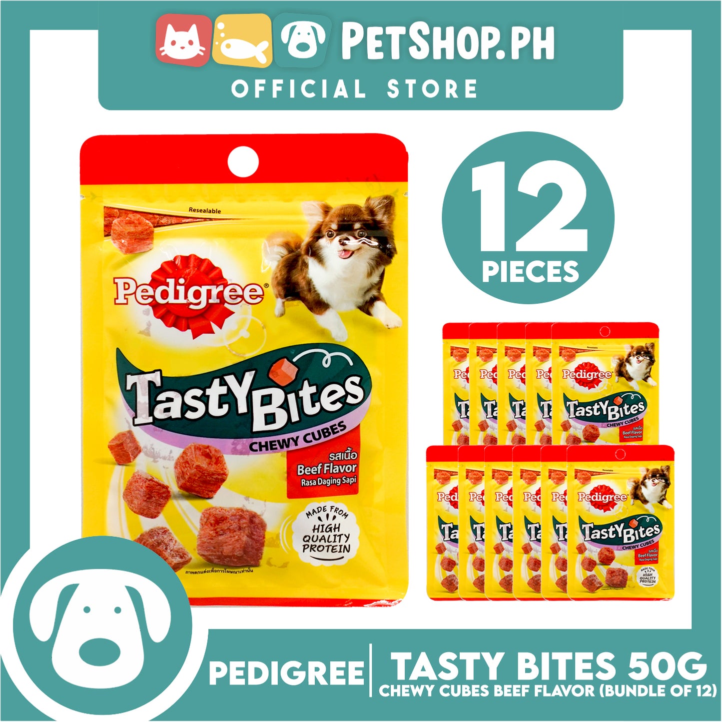 12pcs Pedigree Tasty Bites Chewy Cubes Beef Flavor 50g