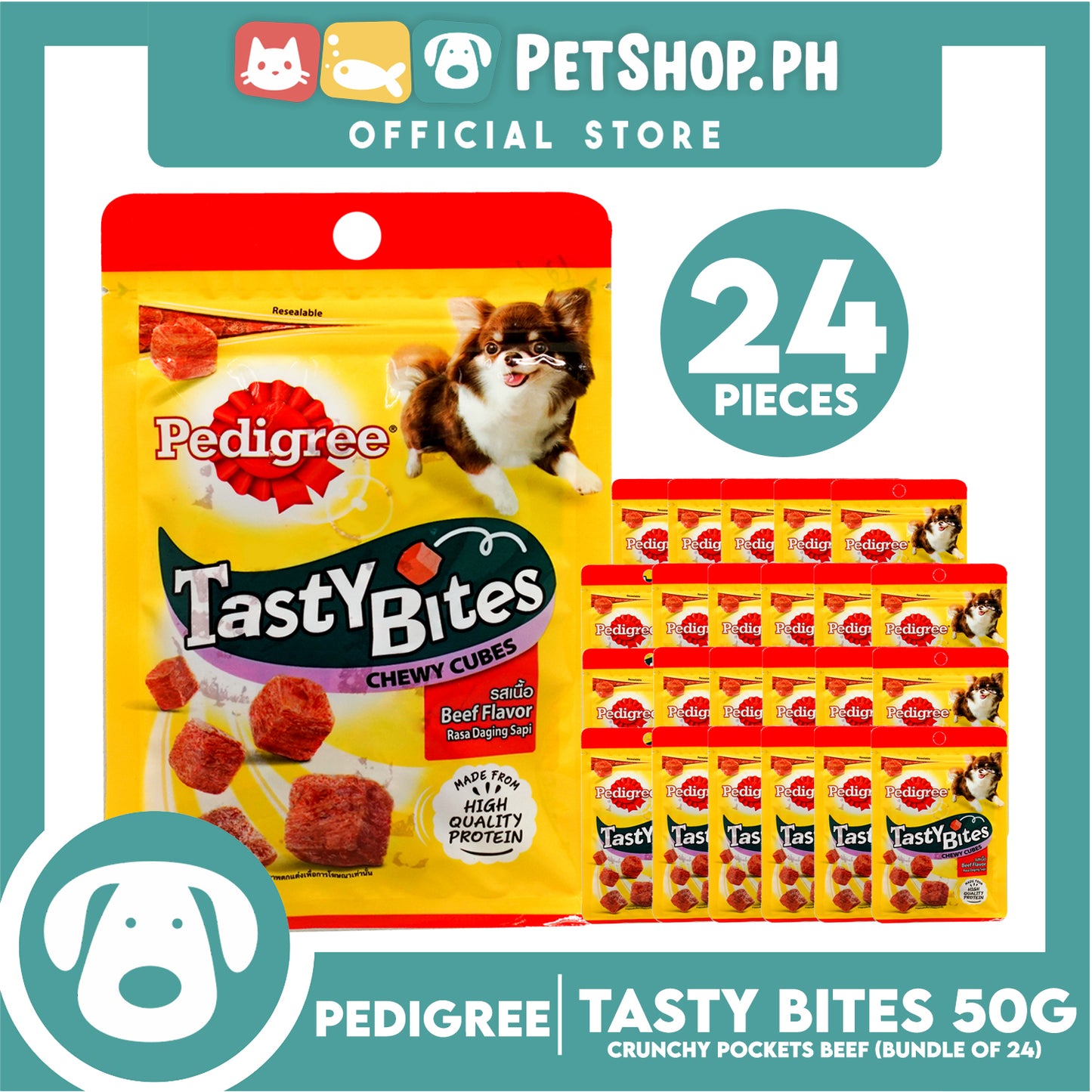 24pcs Pedigree Tasty Bites Chewy Cubes Beef Flavor 50g